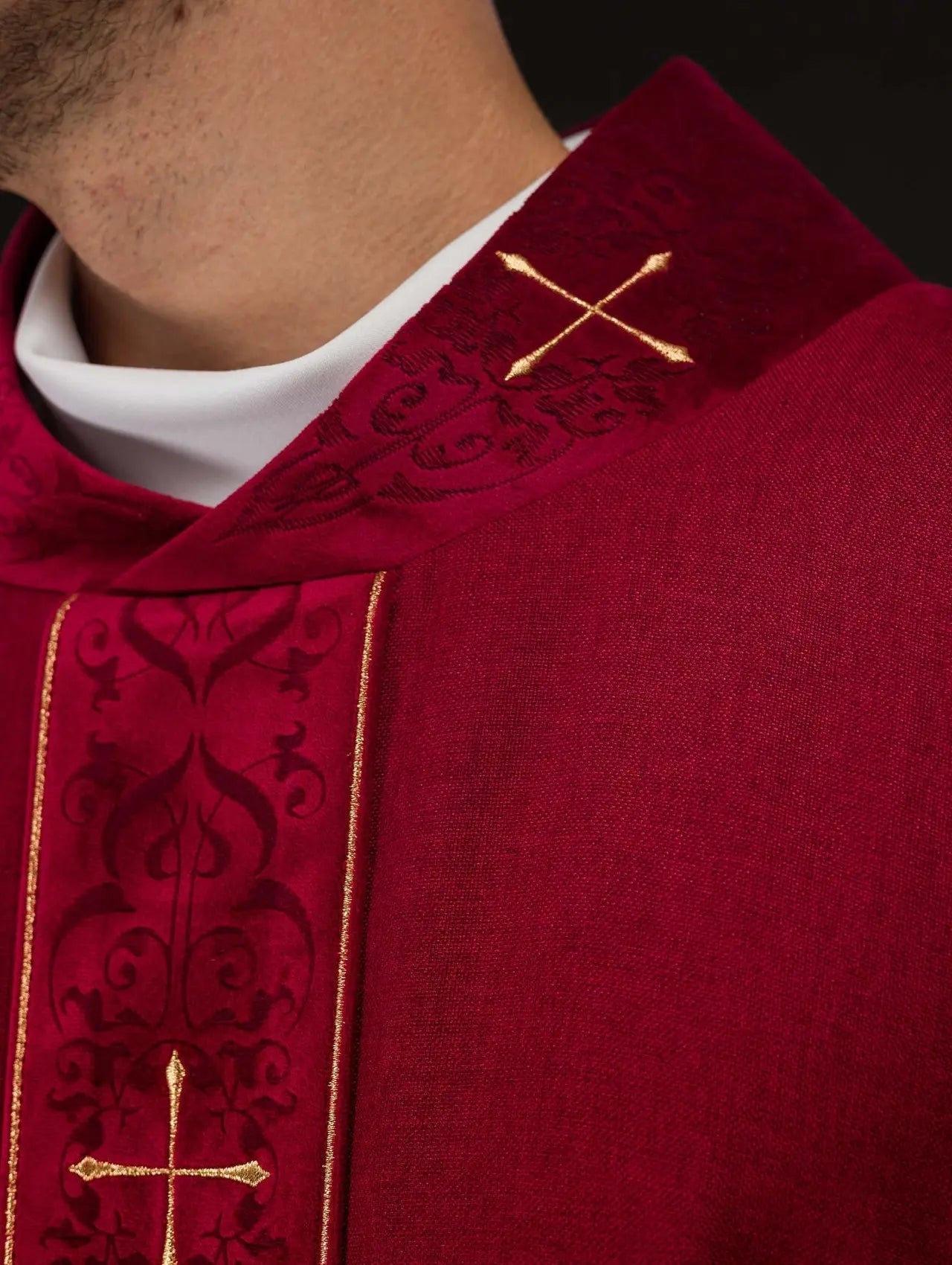 Red Chasuble with Embroidered Band and Cross-Embroidered Collar