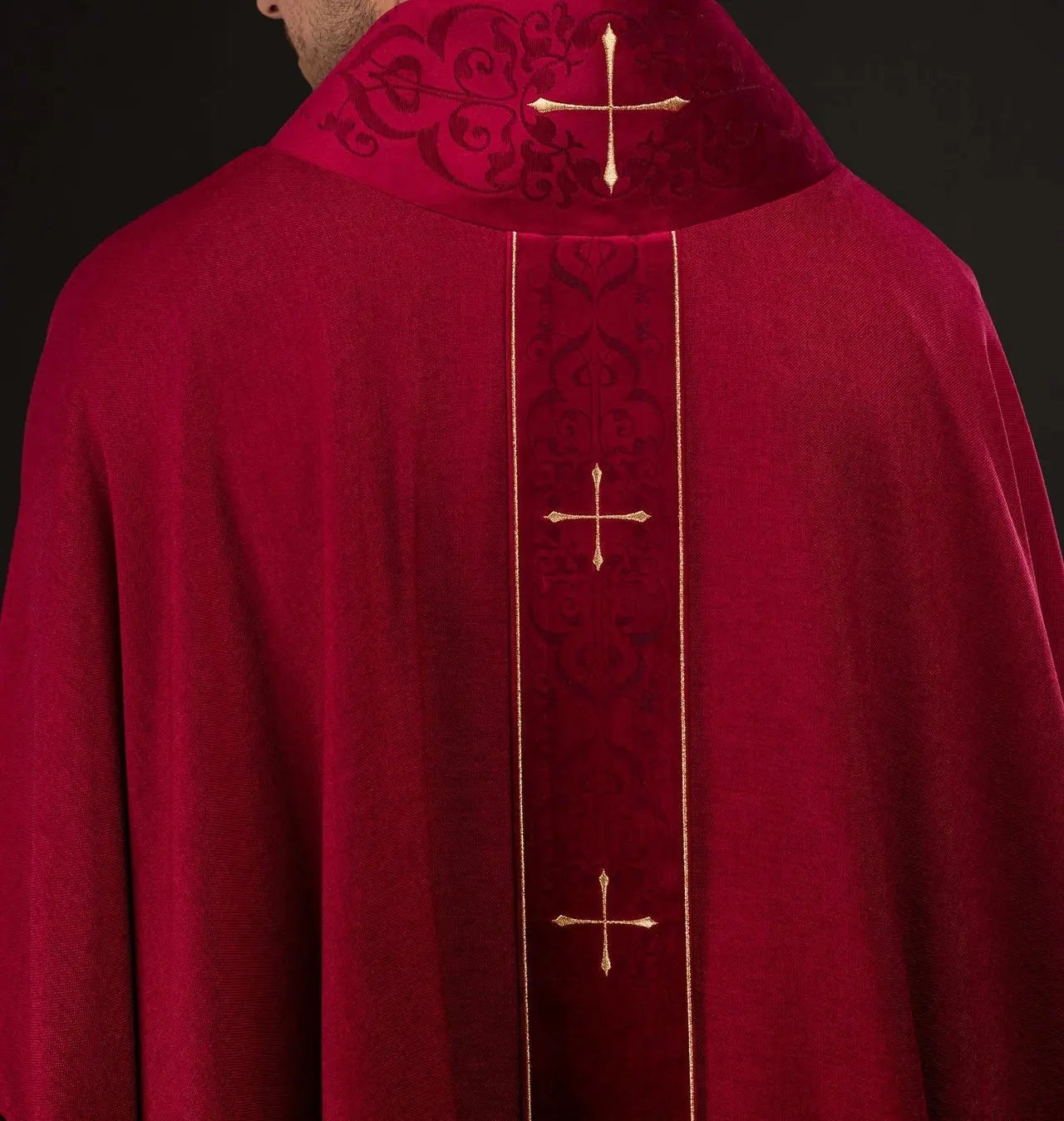 Red Chasuble with Embroidered Band and Cross-Embroidered Collar