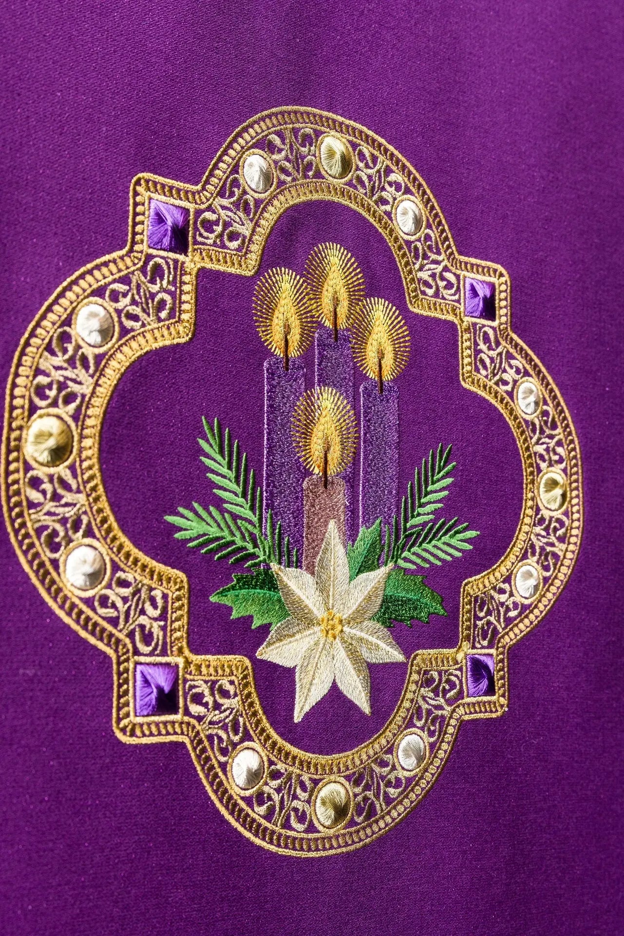 Purple Lectern Cover with Candle Embroidery and Gold Fringe