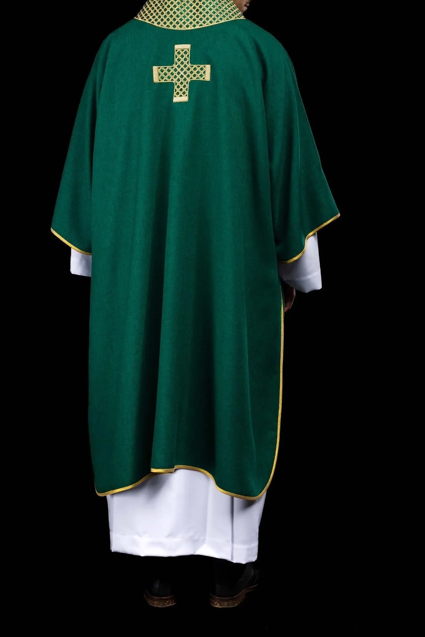 Green dalmatic with embroidered crosses and collar