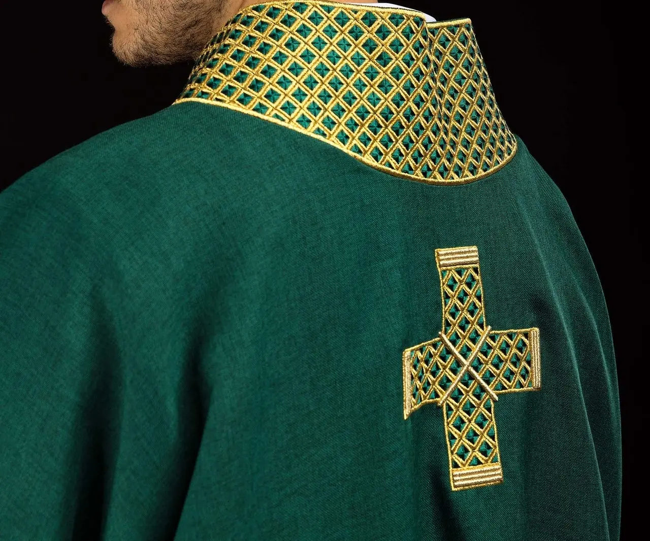 Green dalmatic with embroidered crosses and collar