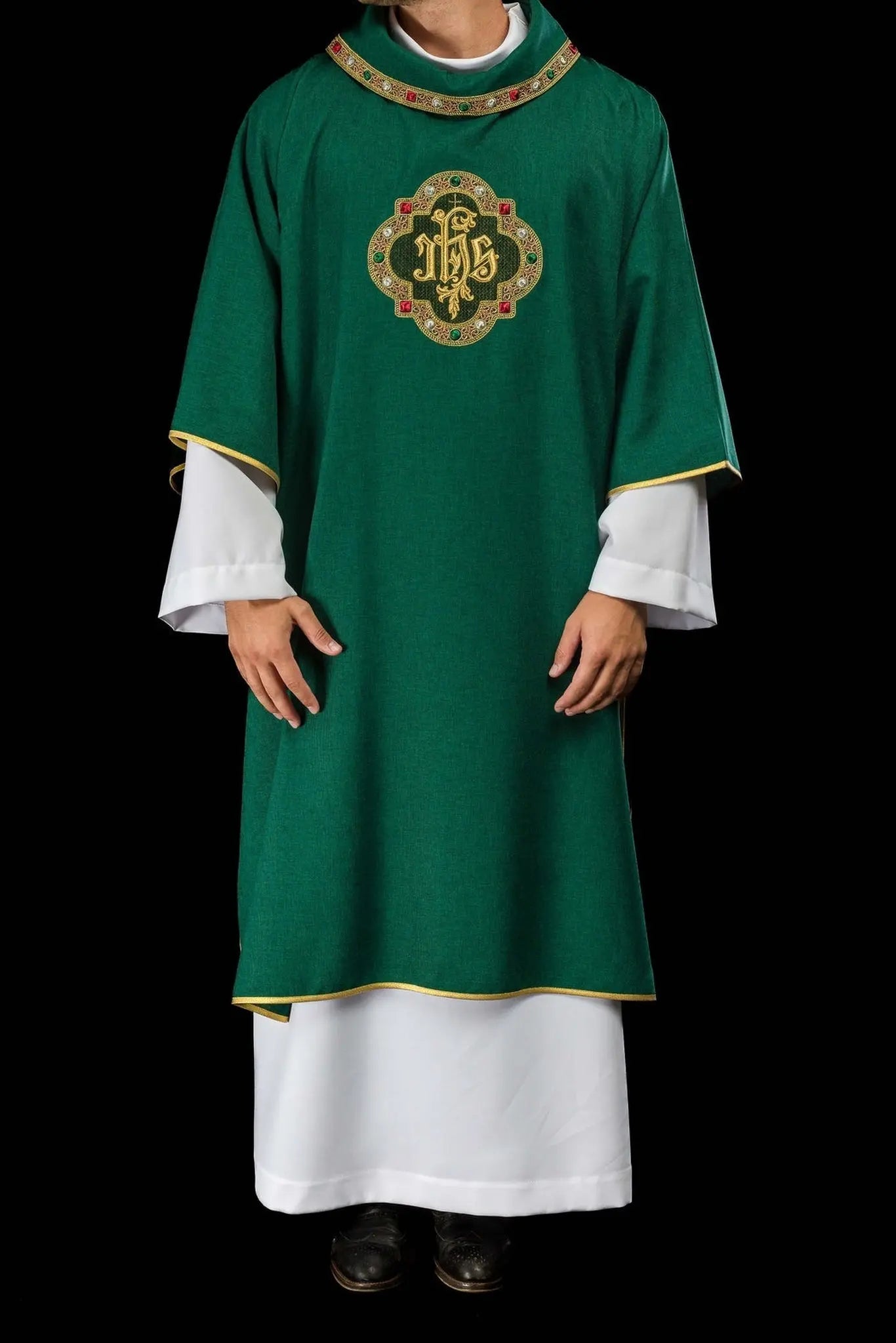 Green Dalmatic with IHS Symbol and Stand-Up Collar