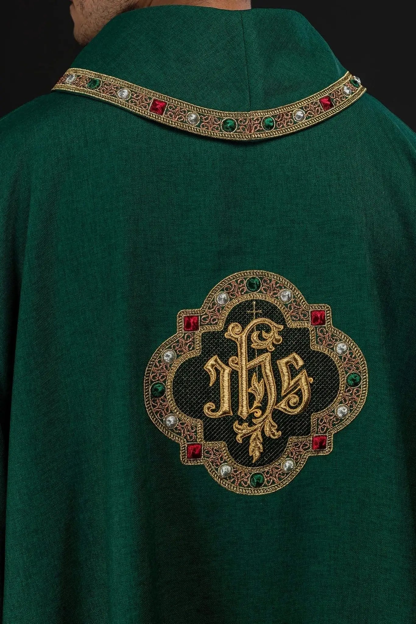 Green Dalmatic with IHS Symbol and Stand-Up Collar