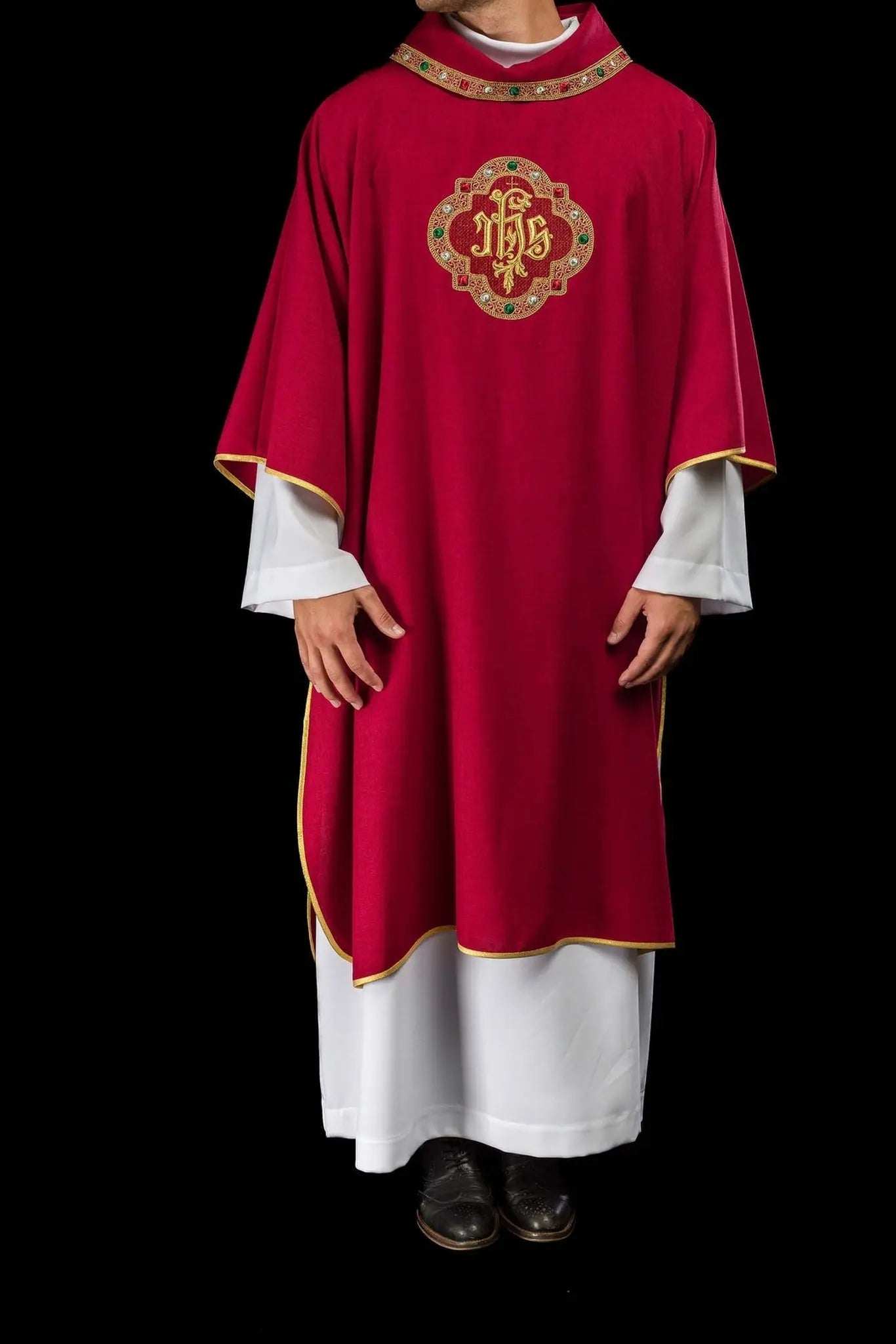 Red Dalmatic with IHS Symbol and Stand-Up Collar