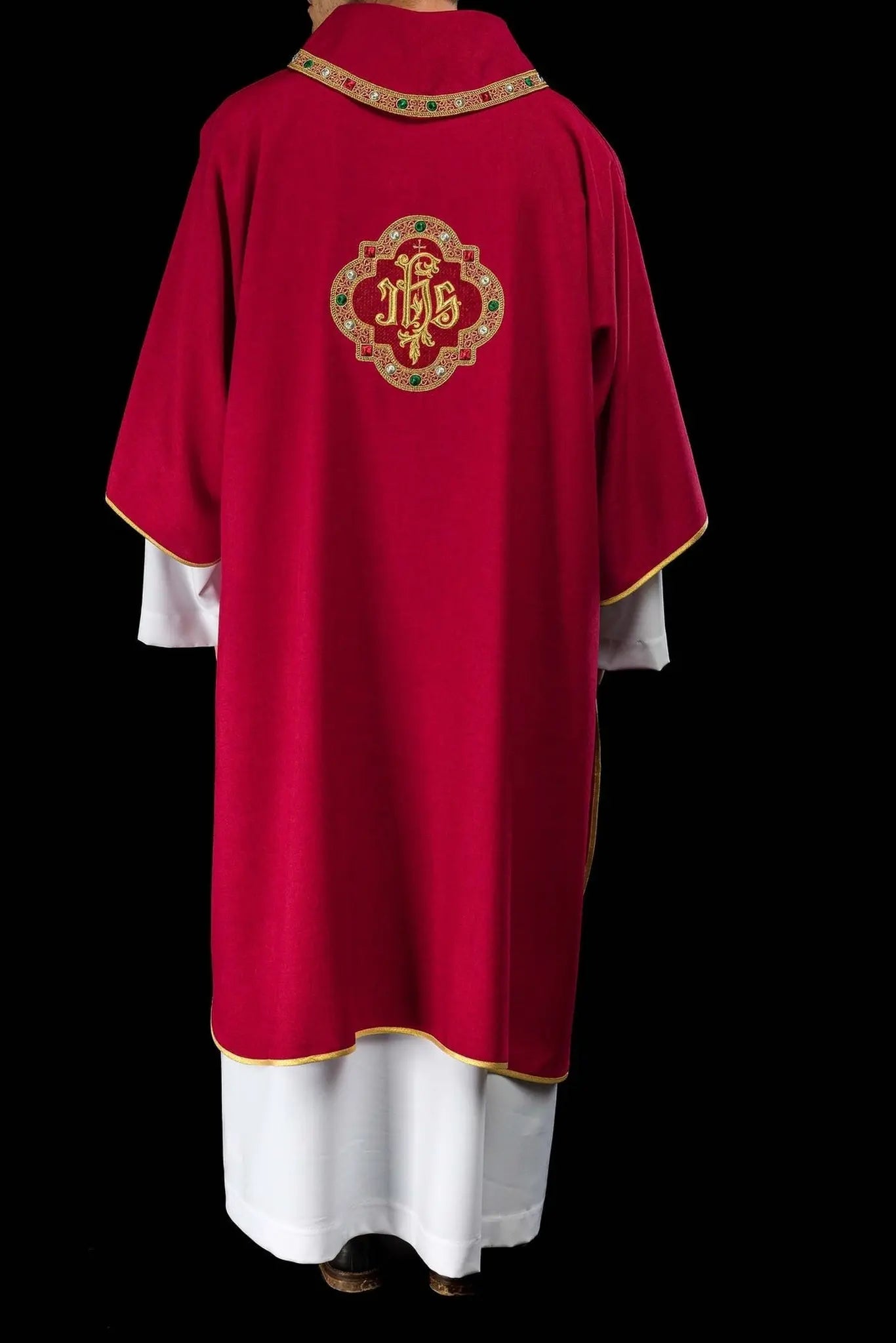 Red Dalmatic with IHS Symbol and Stand-Up Collar