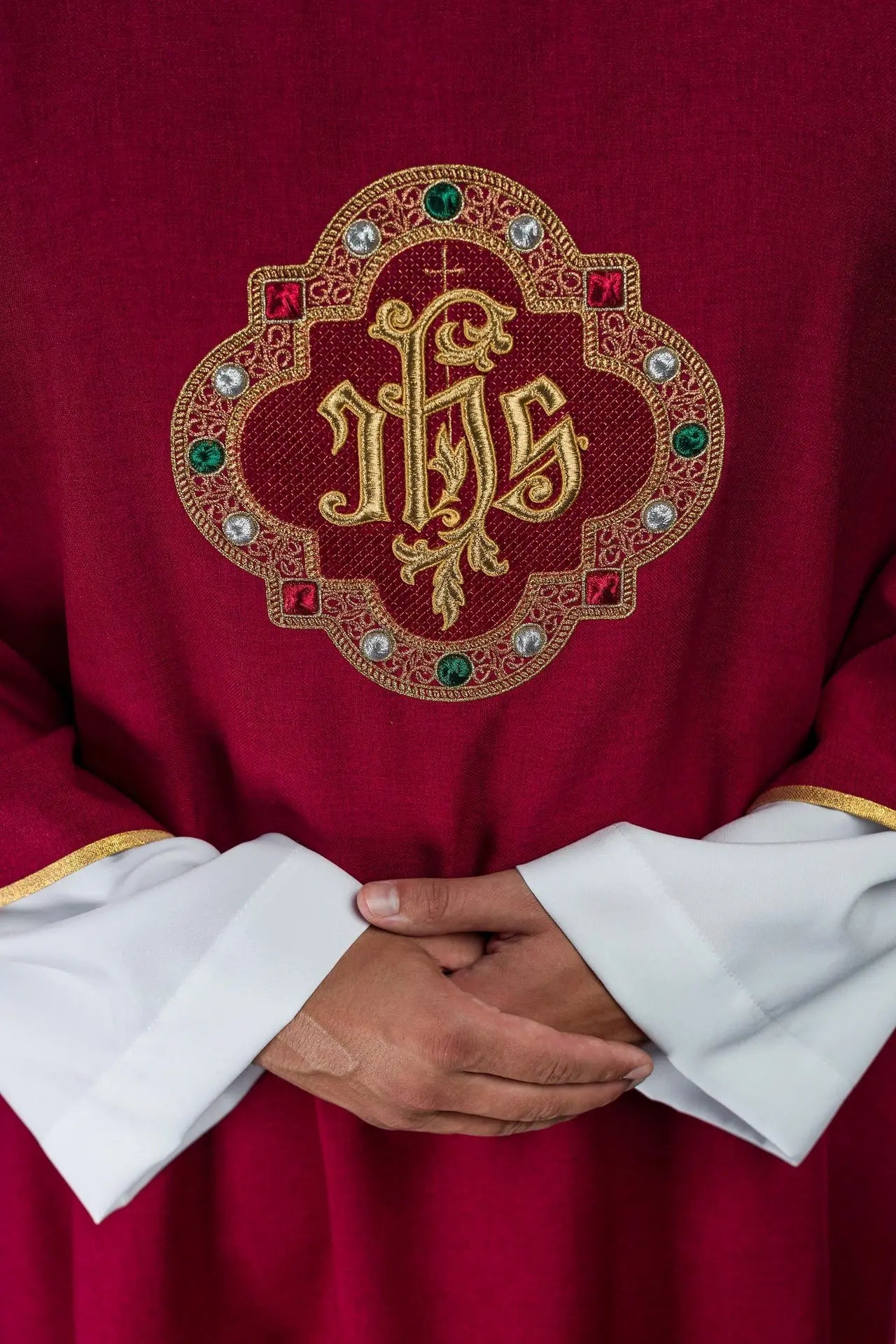 Red Dalmatic with IHS Symbol and Stand-Up Collar