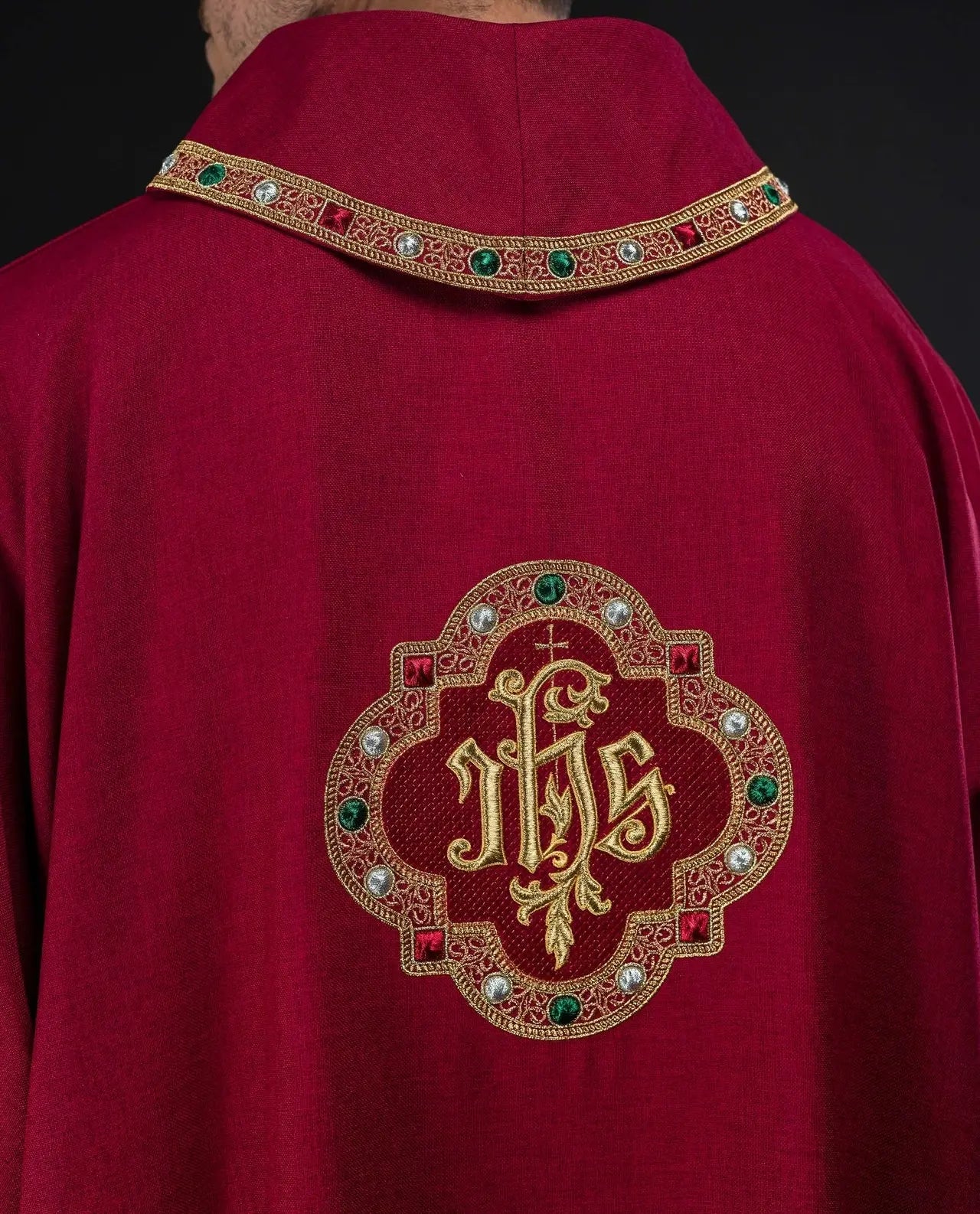 Red Dalmatic with IHS Symbol and Stand-Up Collar
