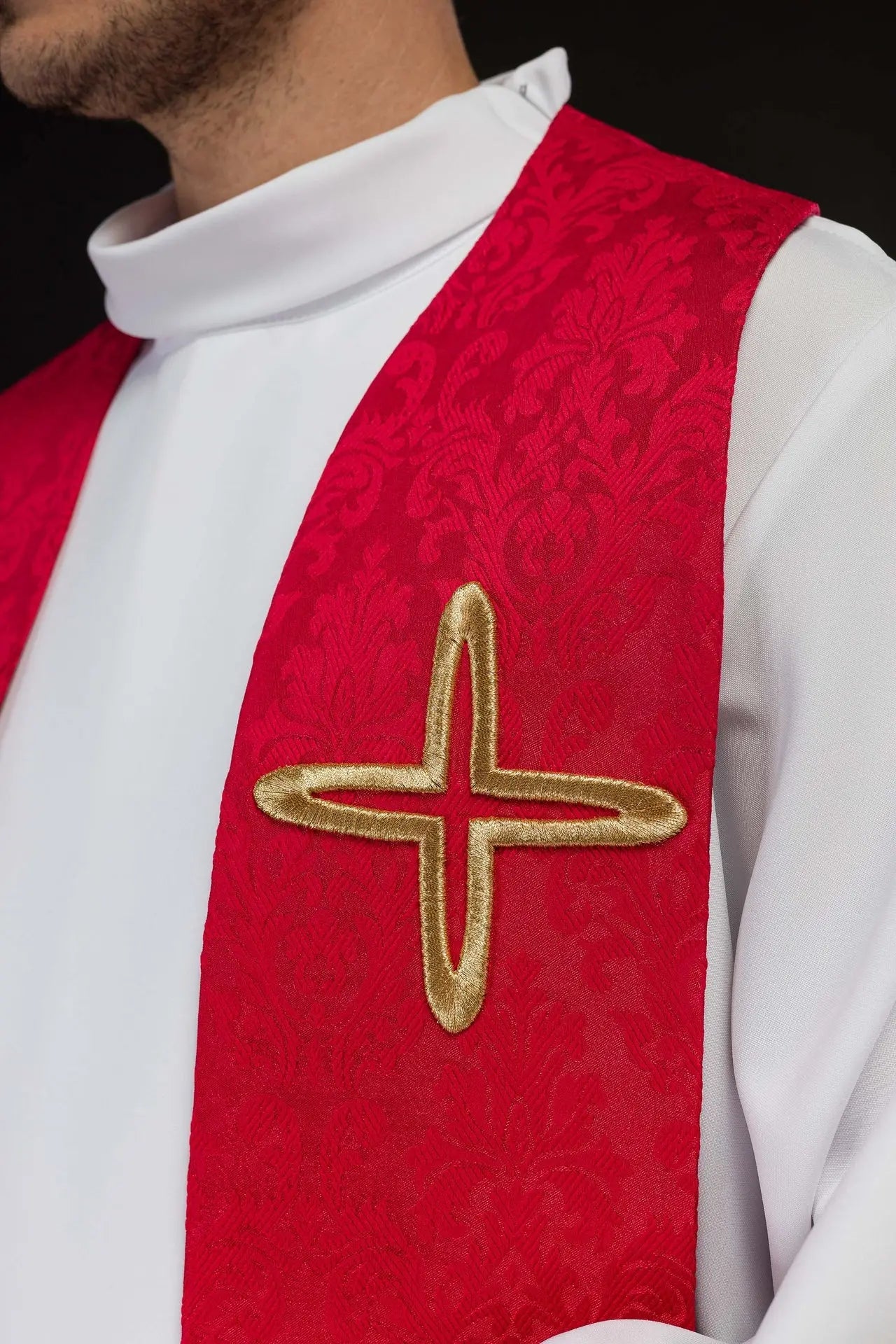 Red Jacquard Stole with Embroidered Cross Motifs