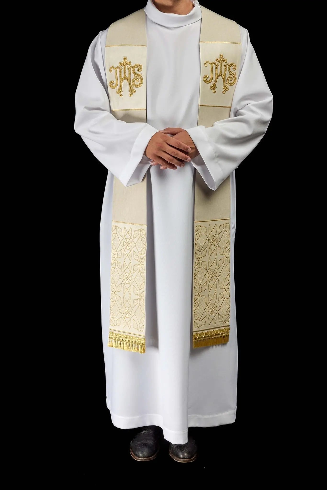 Ecru Velvet Embroidered Stole with IHS Motif