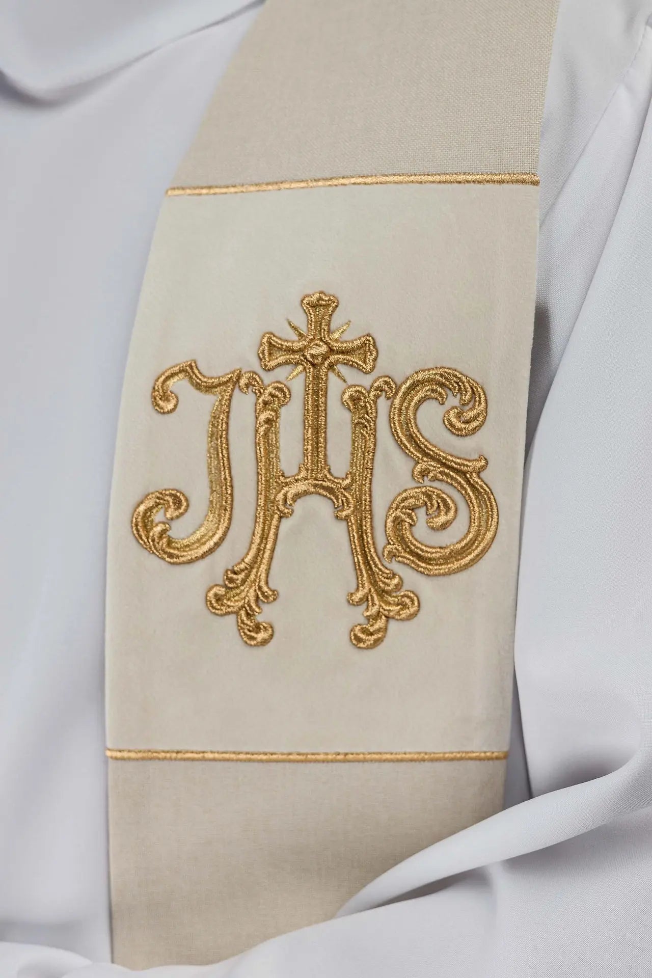 Ecru Velvet Embroidered Stole with IHS Motif