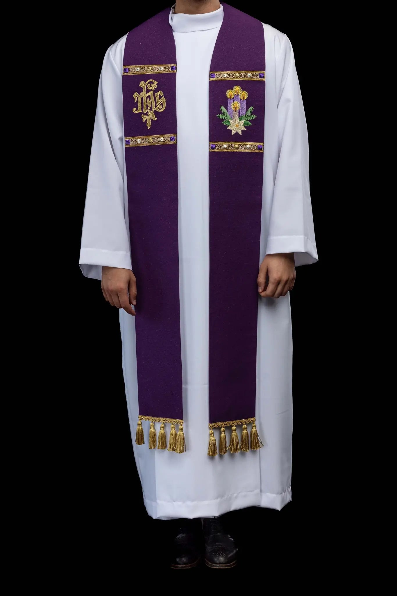 Purple Advent stole with gold IHS embroidery and Advent candle motif, made from shimmering fabric.