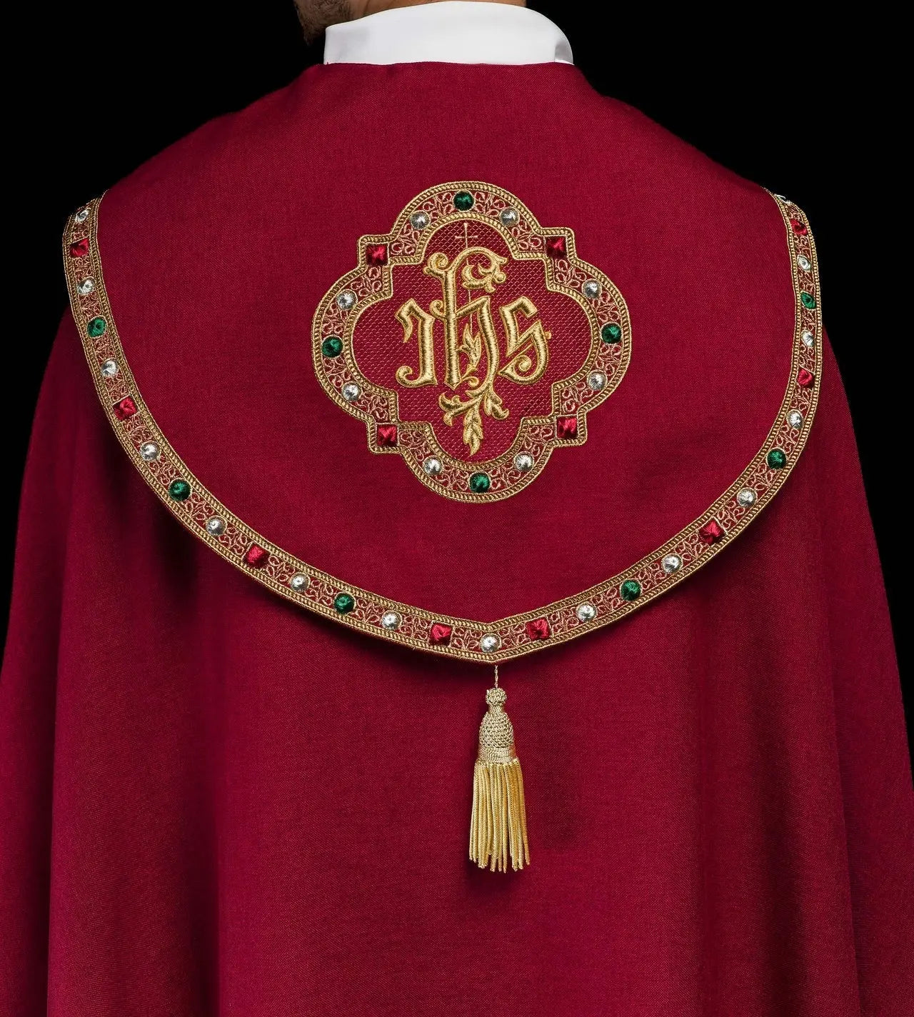 Red liturgical cape with gold IHS