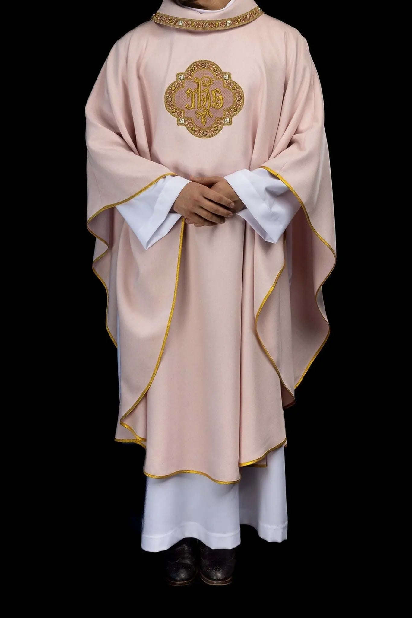 Pink Chasuble with IHS Embroidery and Decorative Trim