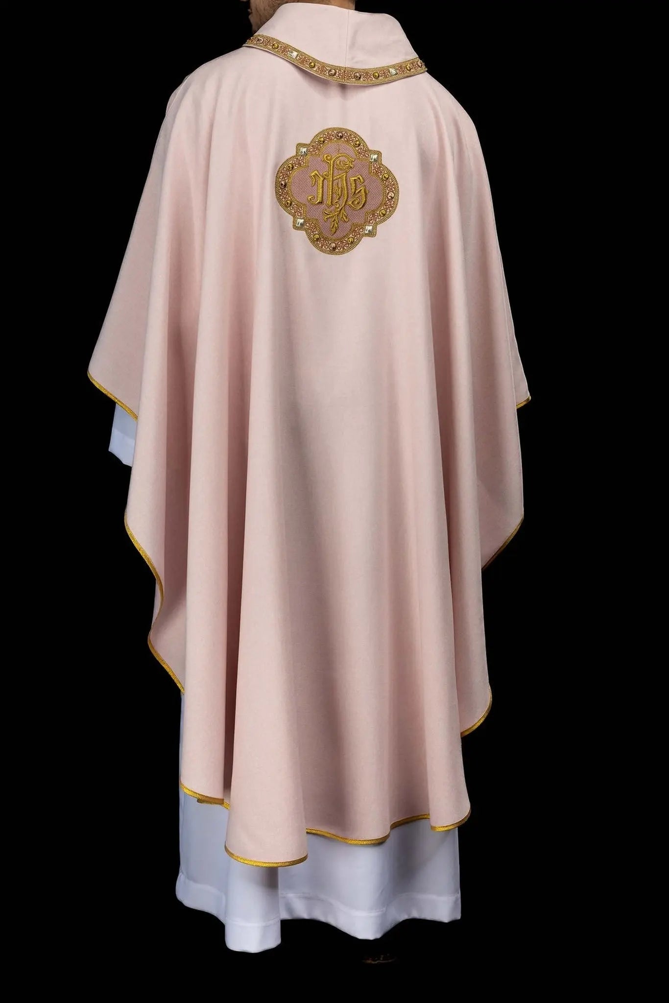 Pink Chasuble with IHS Embroidery and Decorative Trim