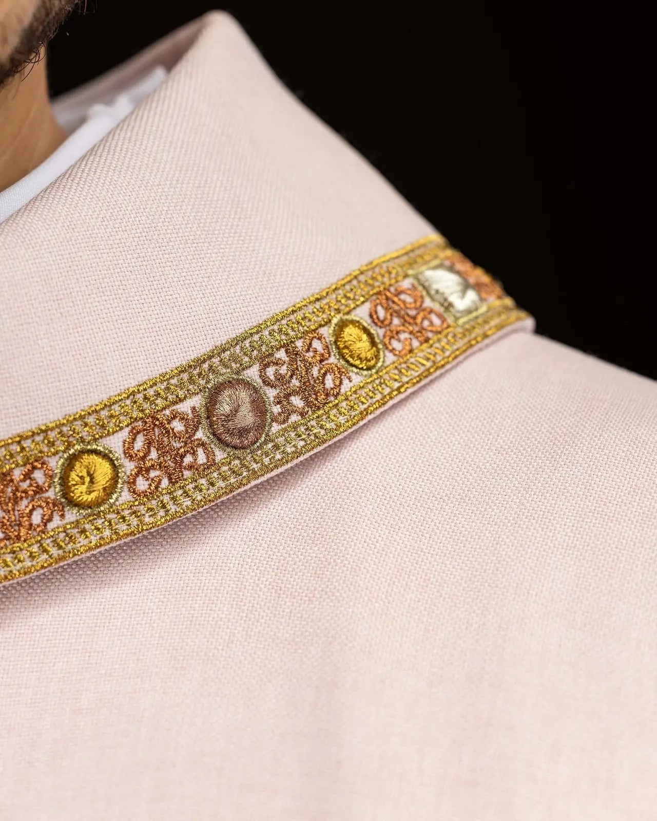 Pink Chasuble with IHS Embroidery and Decorative Trim