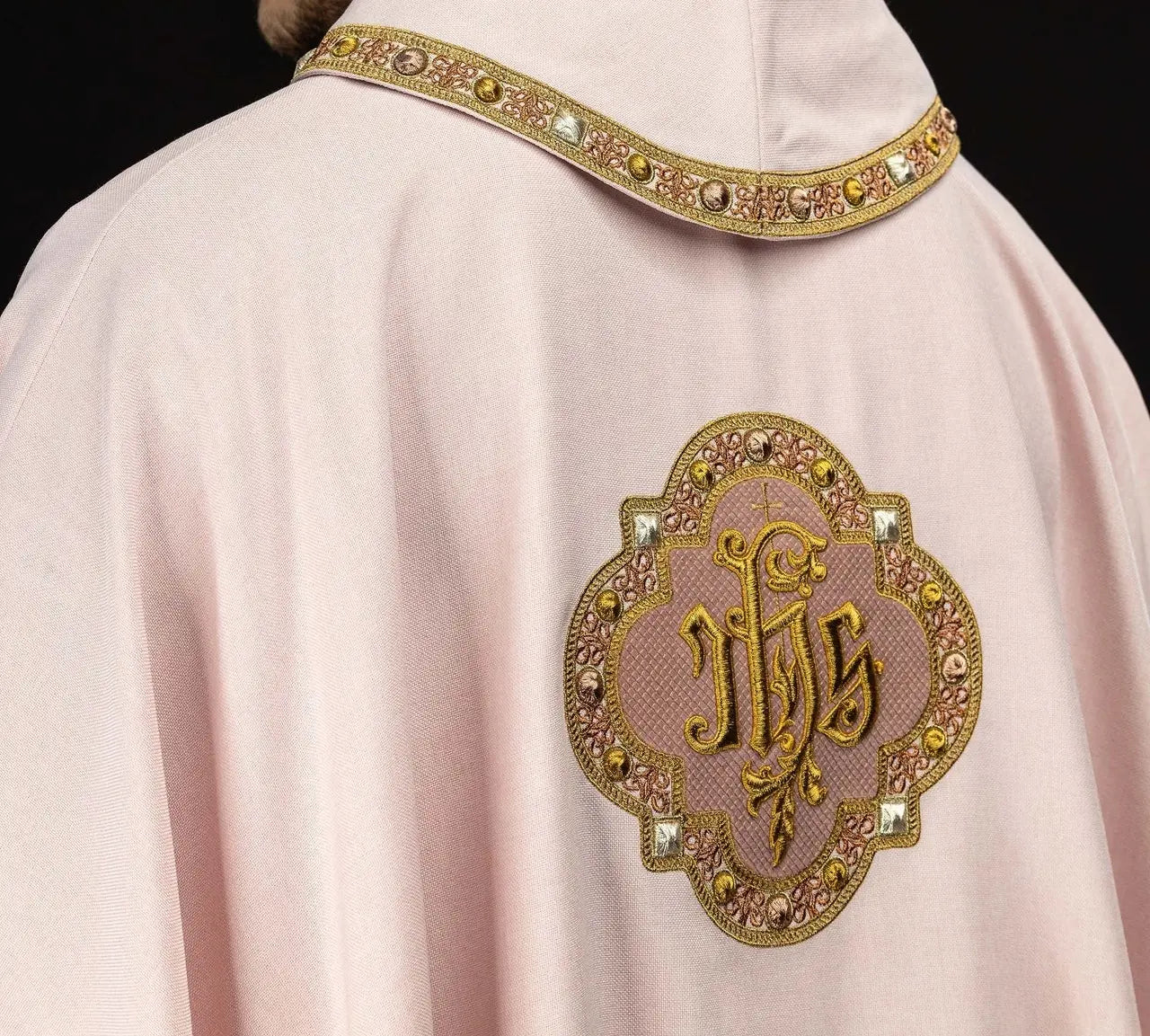 Pink Chasuble with IHS Embroidery and Decorative Trim