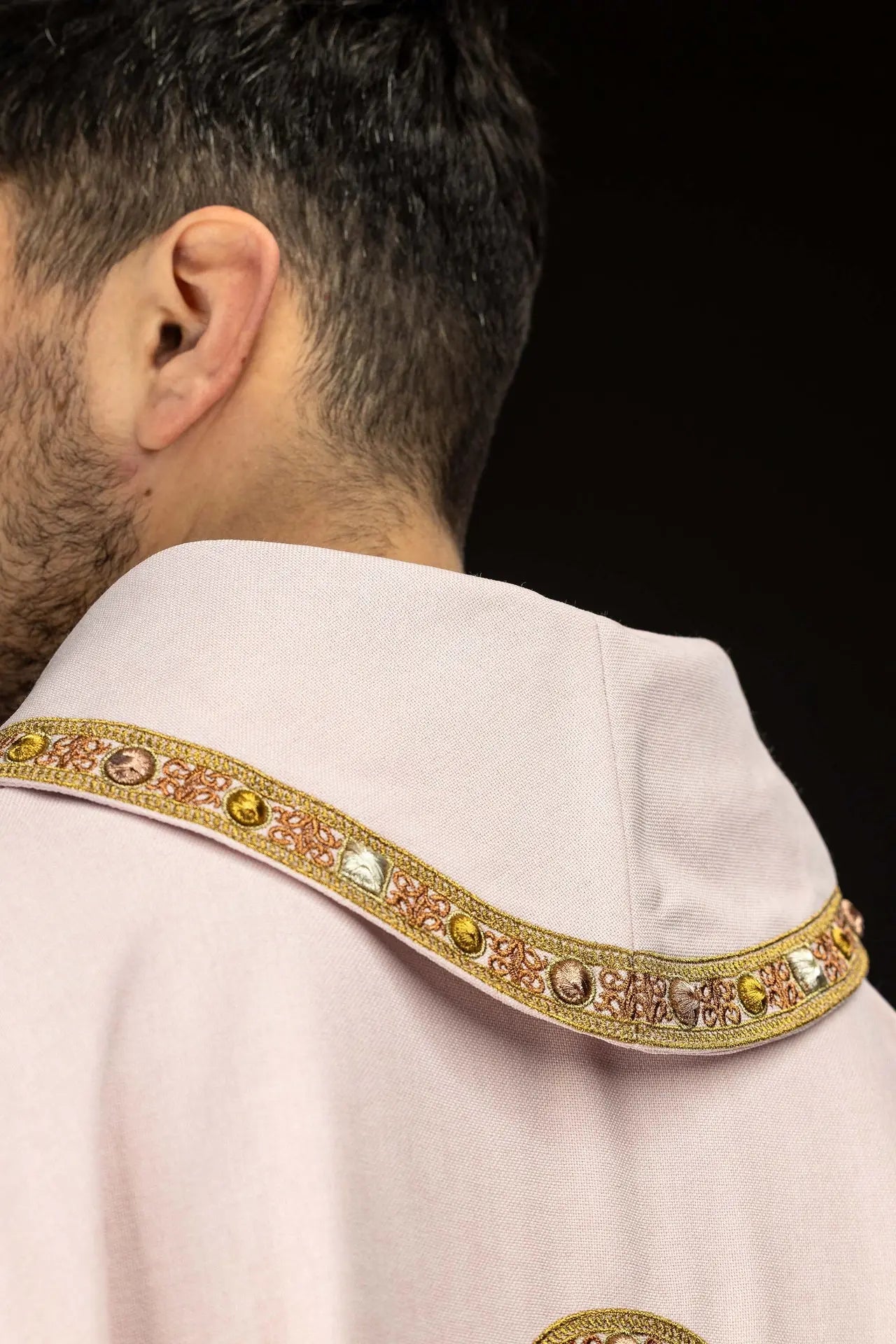 Pink Chasuble with IHS Embroidery and Decorative Trim