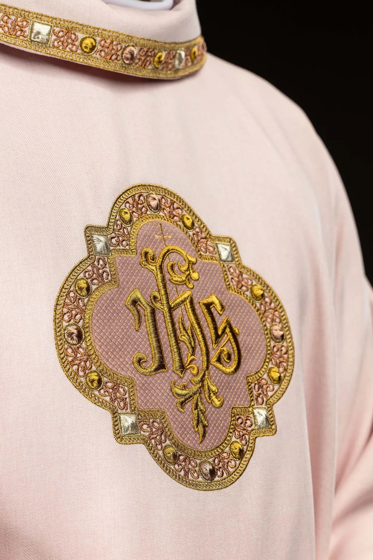 Pink Chasuble with IHS Embroidery and Decorative Trim