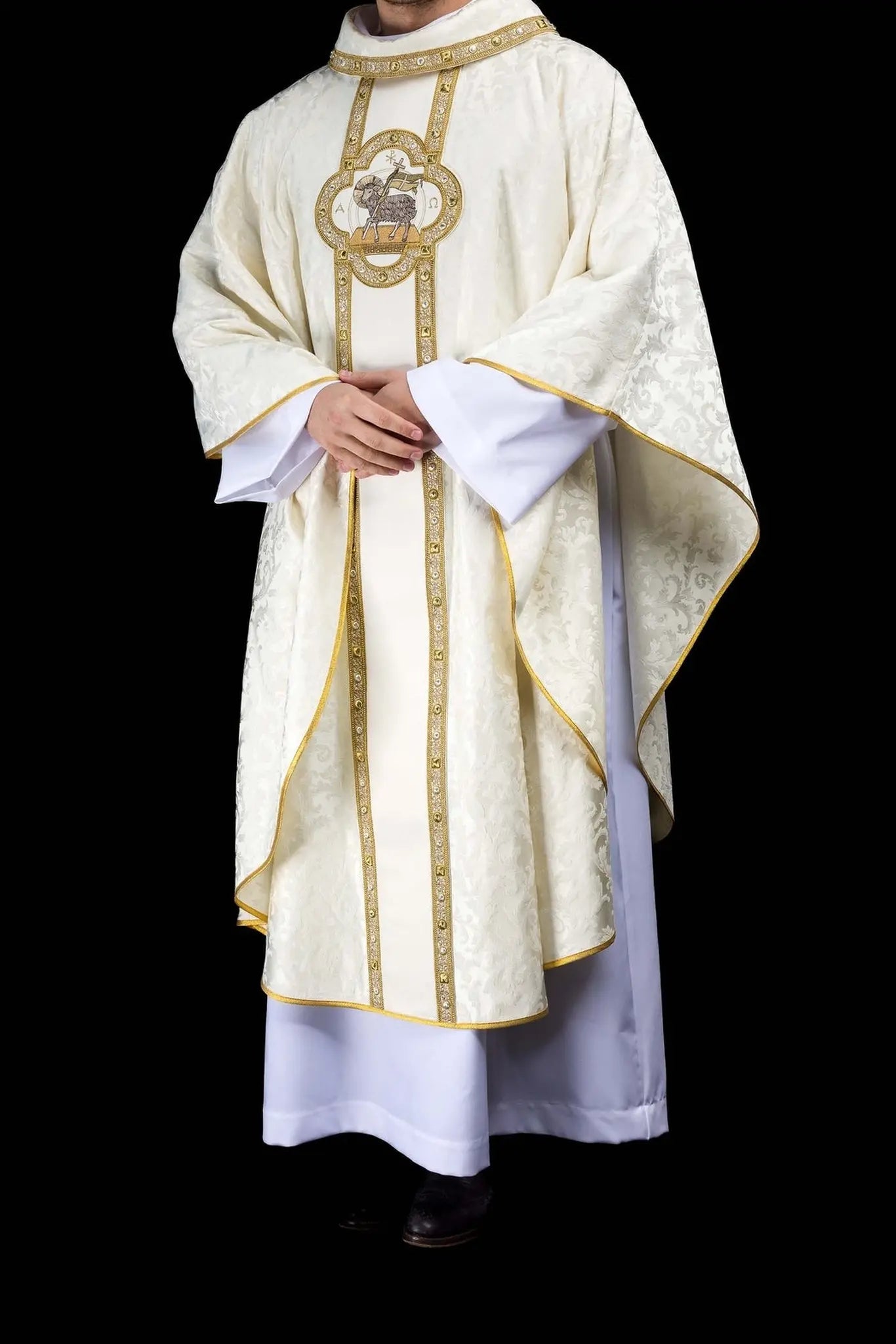 Chasuble with Embroidered Paschal Lamb and Orphrey in Ecru Jacquard