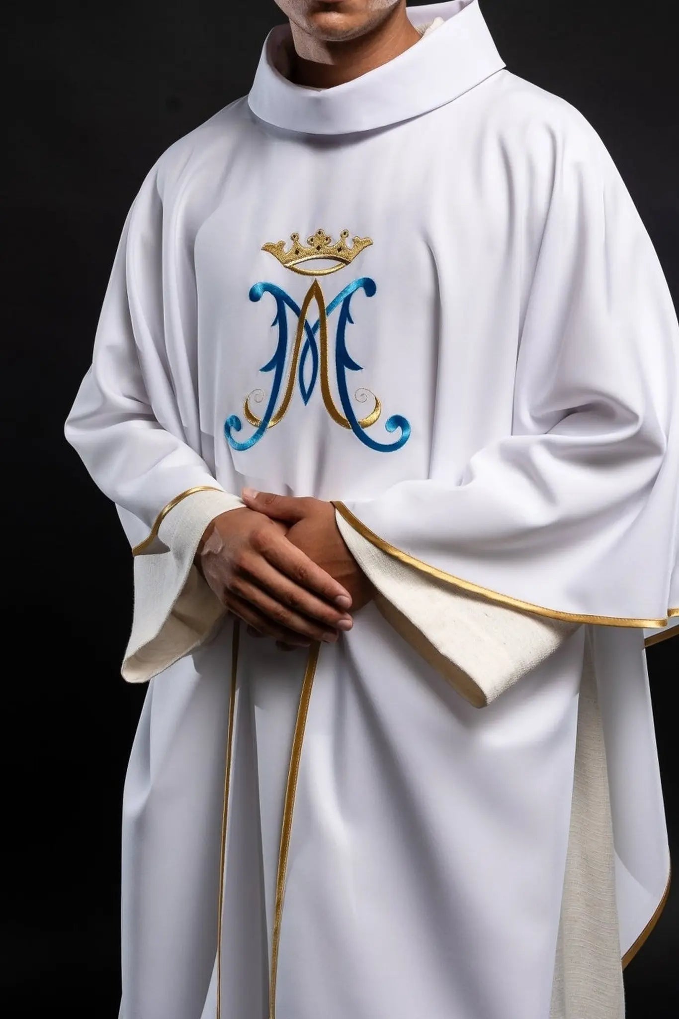 White chasuble embroidered with Marian motif