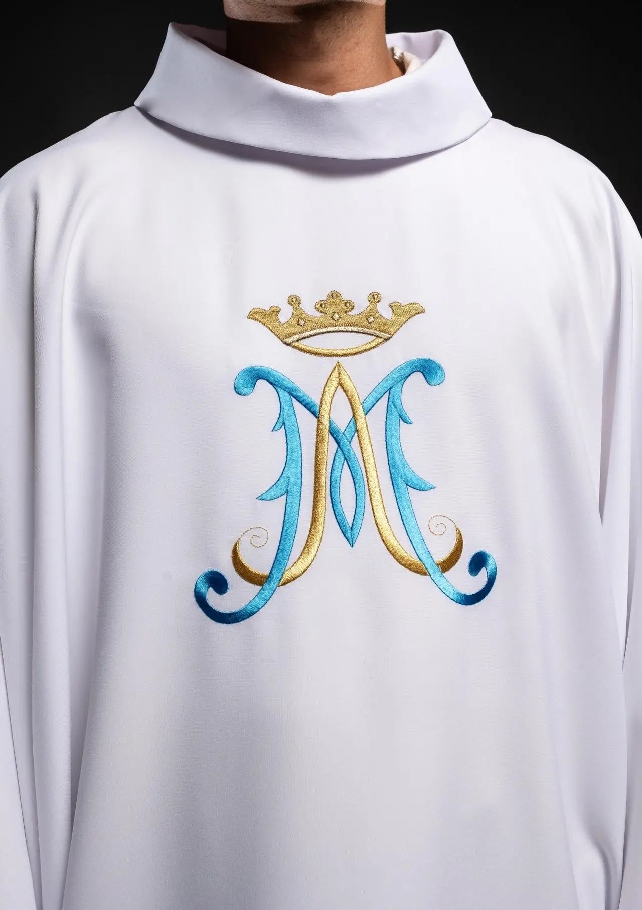 White chasuble embroidered with Marian motif