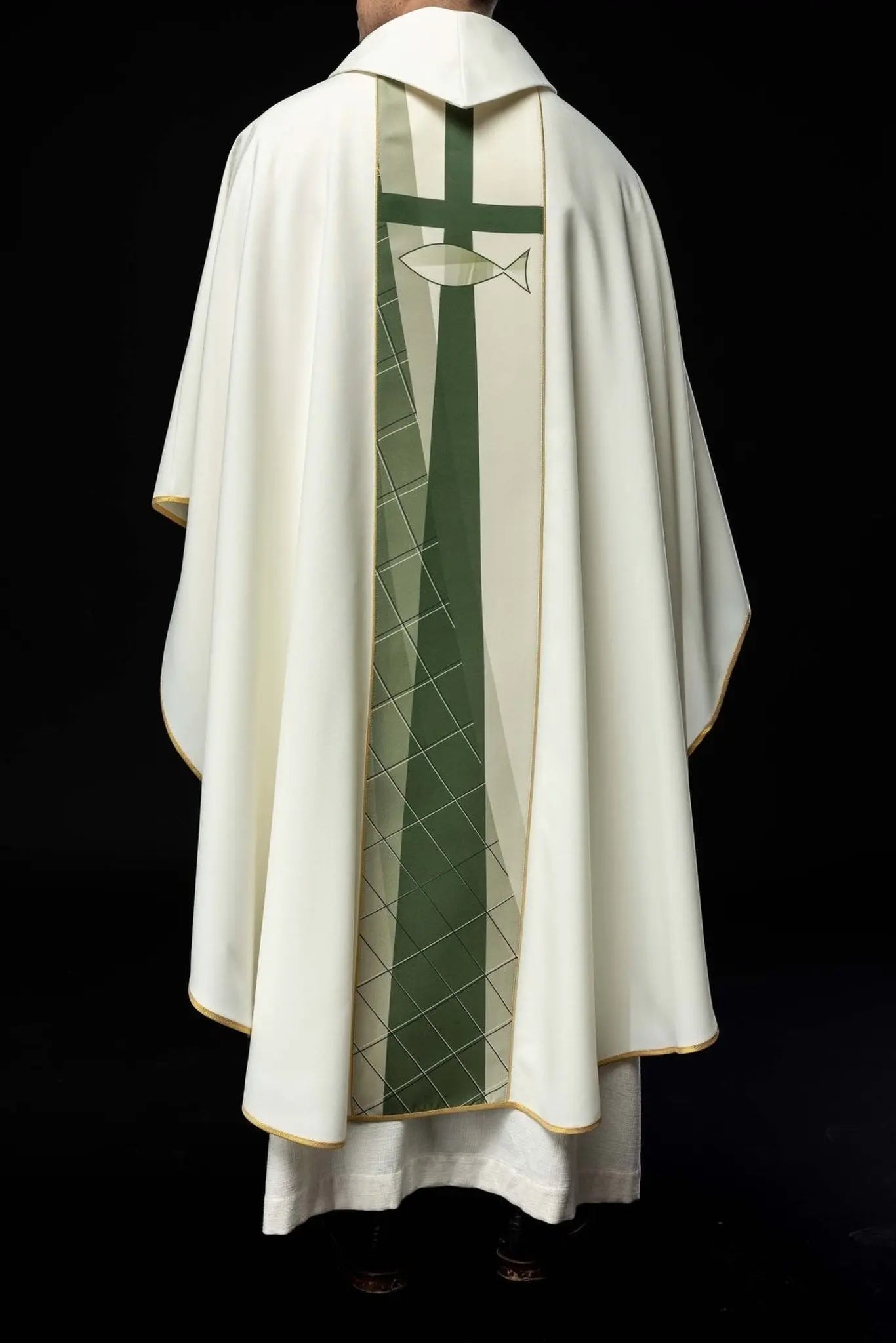 White chasuble embroidered with cross and fish pattern