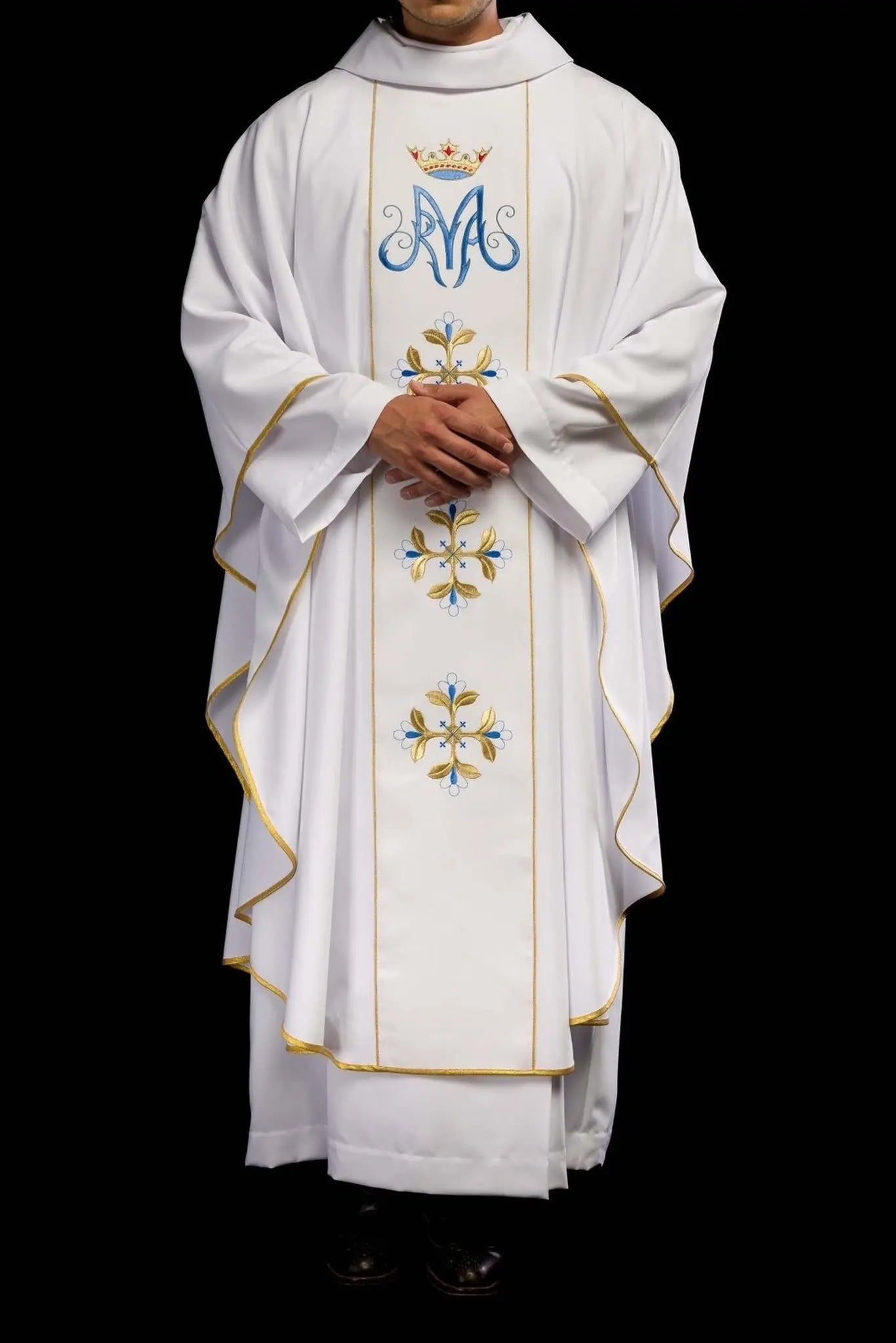 Biały ornat liturgiczny maryjny z pasem