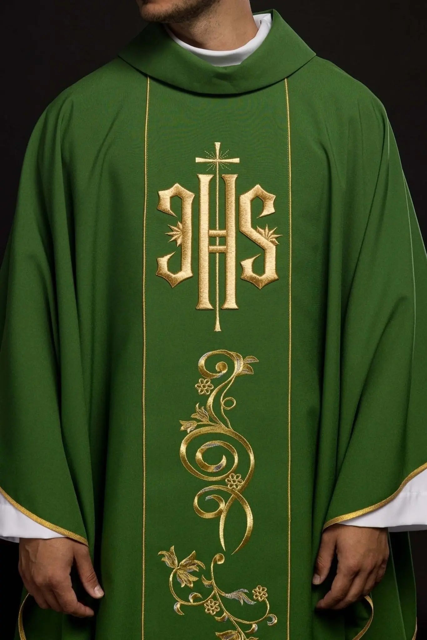 Richly decorated green chasuble with gold motif and wide IHS band