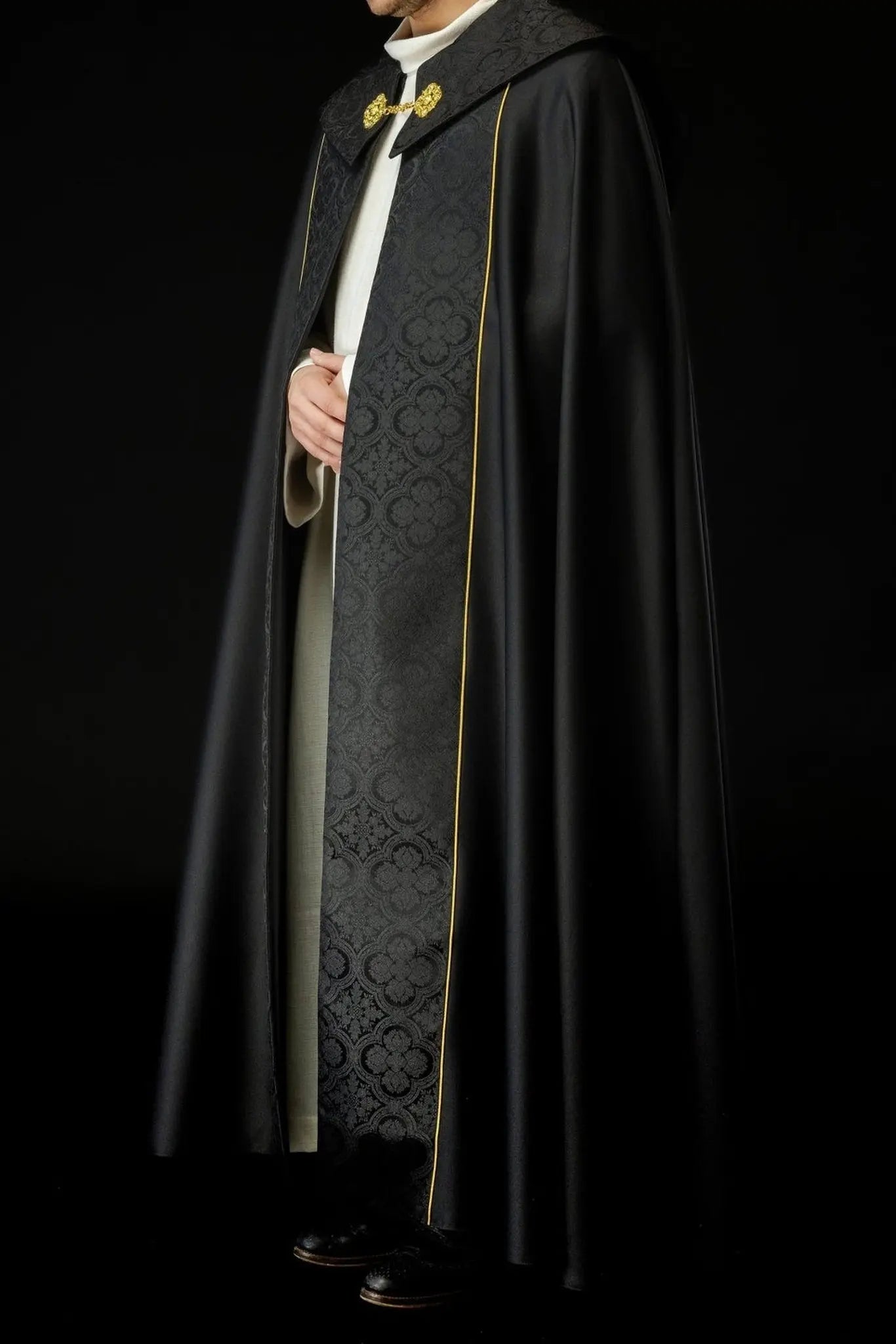 Black Liturgical Cope with Gold Cross Embroidery on Jacquard Fabric