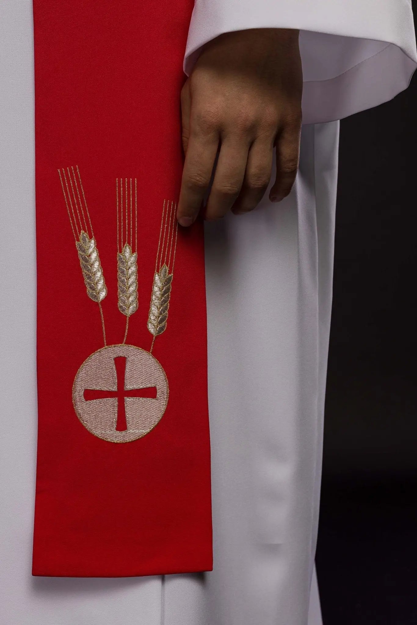 Red priestly stole with Chalice, Wheat, and Grapes embroidery
