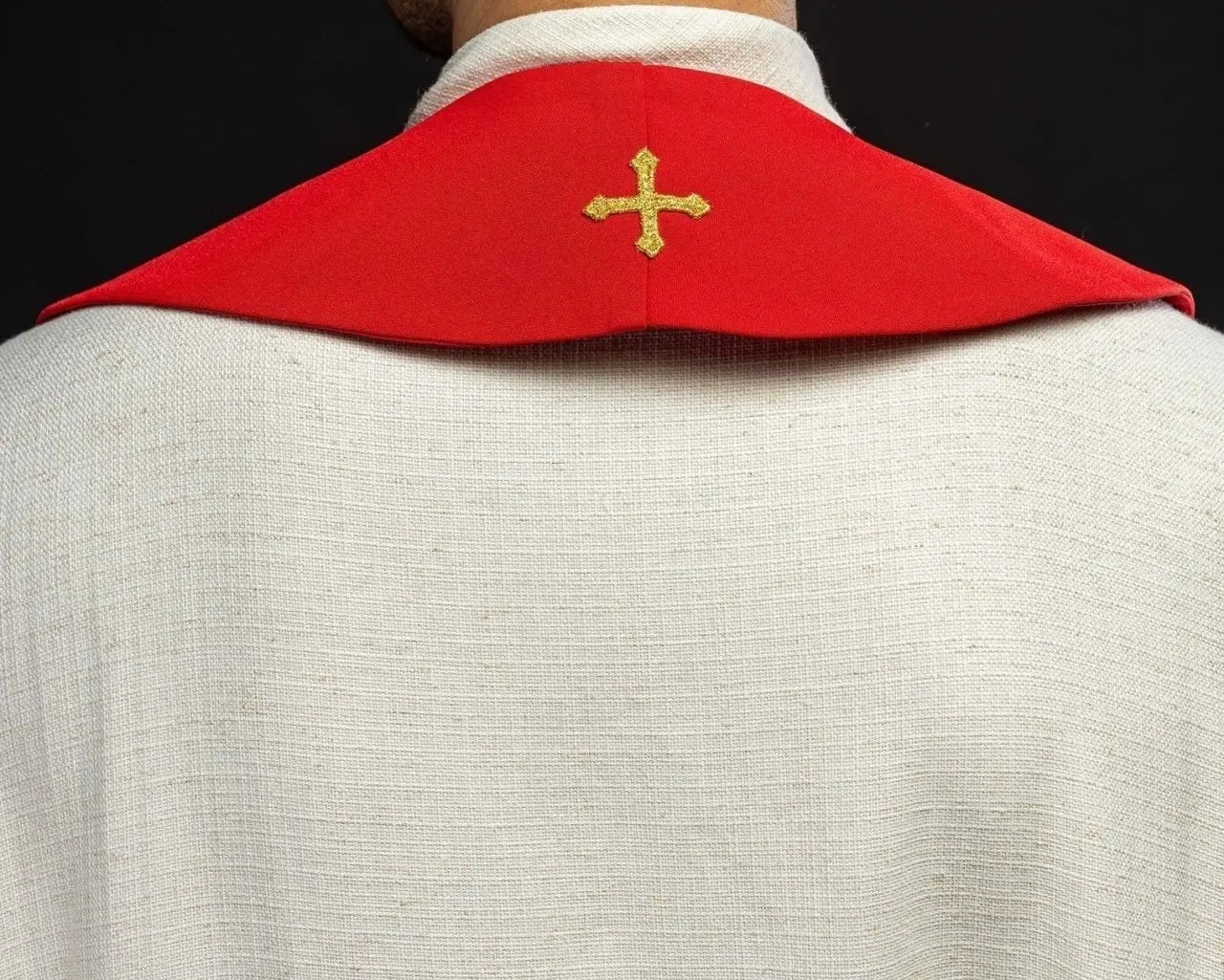 Red embroidered priest's stole with Fish Bread Cross motif