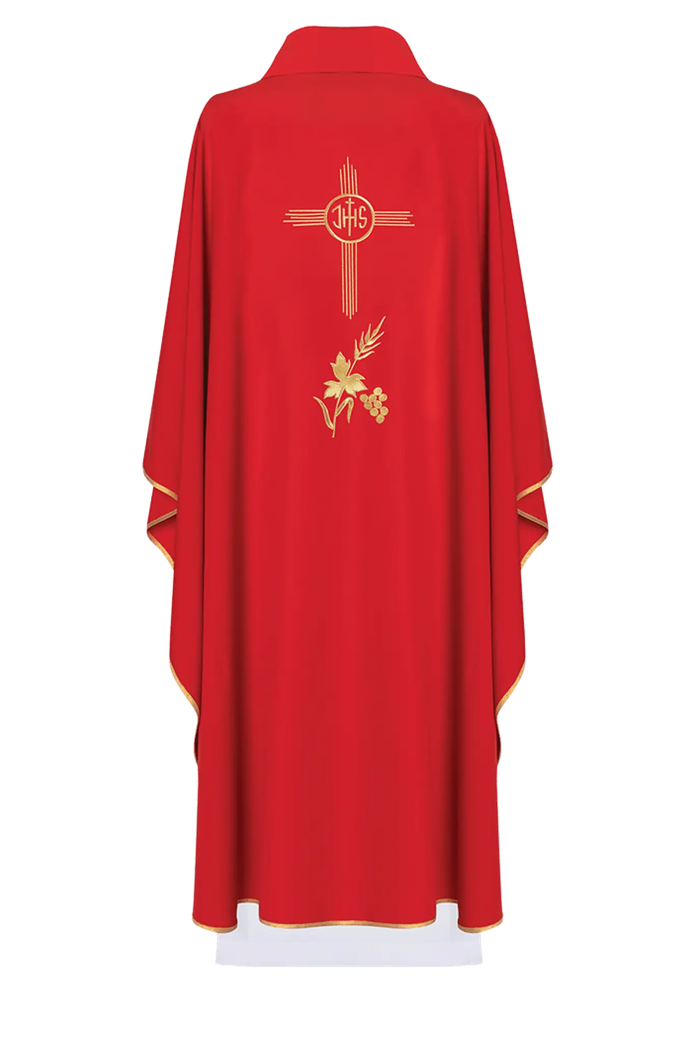 Red chasuble embroidered with IHS motif
