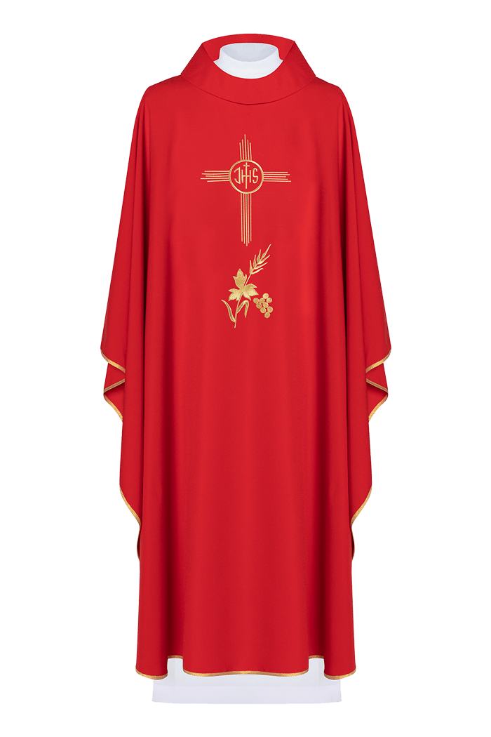 Czerwony ornat haftowany z motywem IHS