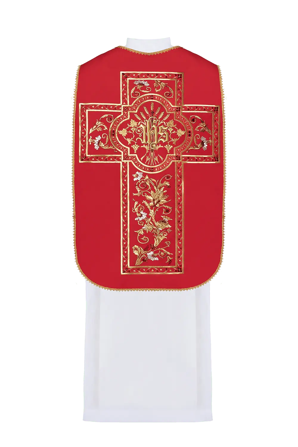 Red Roman chasuble embroidered with IHS motif