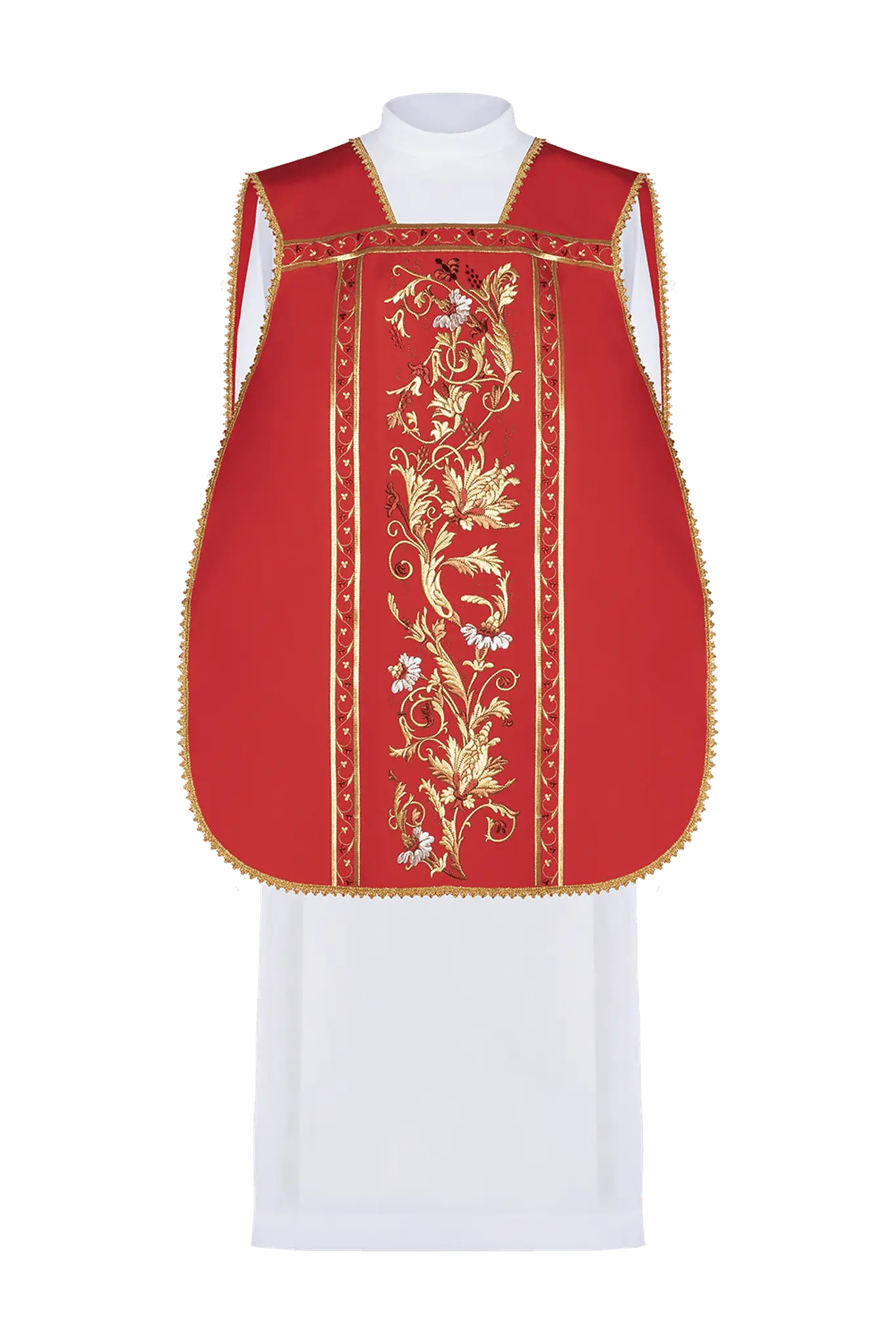 Red Roman chasuble embroidered with IHS motif
