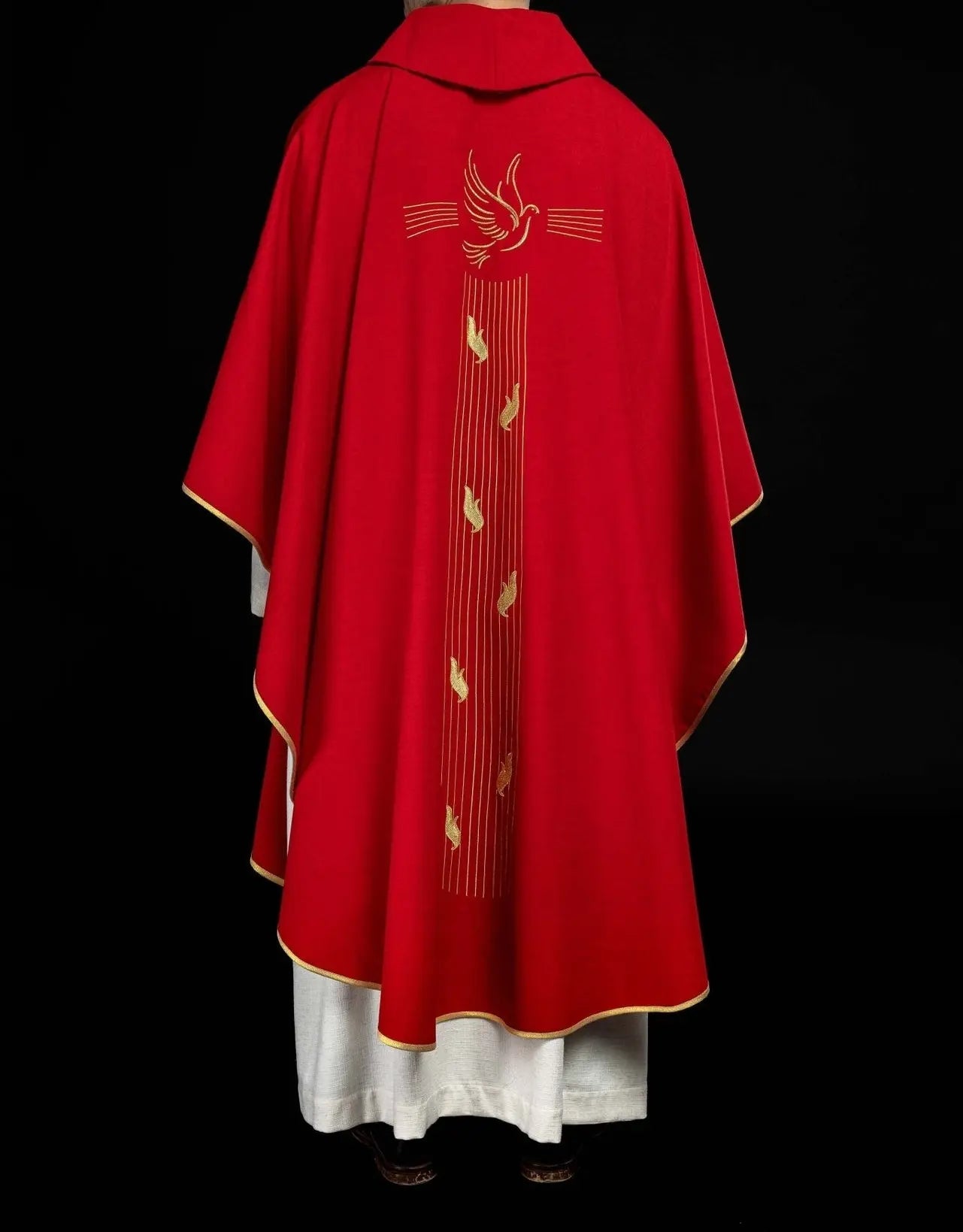 Red chasuble with gold trim and Holy Spirit embroidery