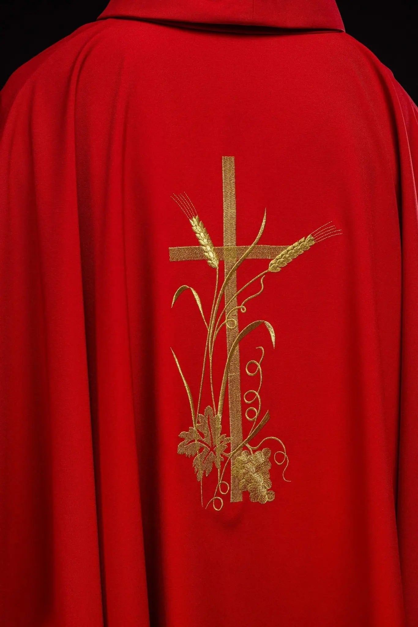 Red chasuble with gold cross embroidery