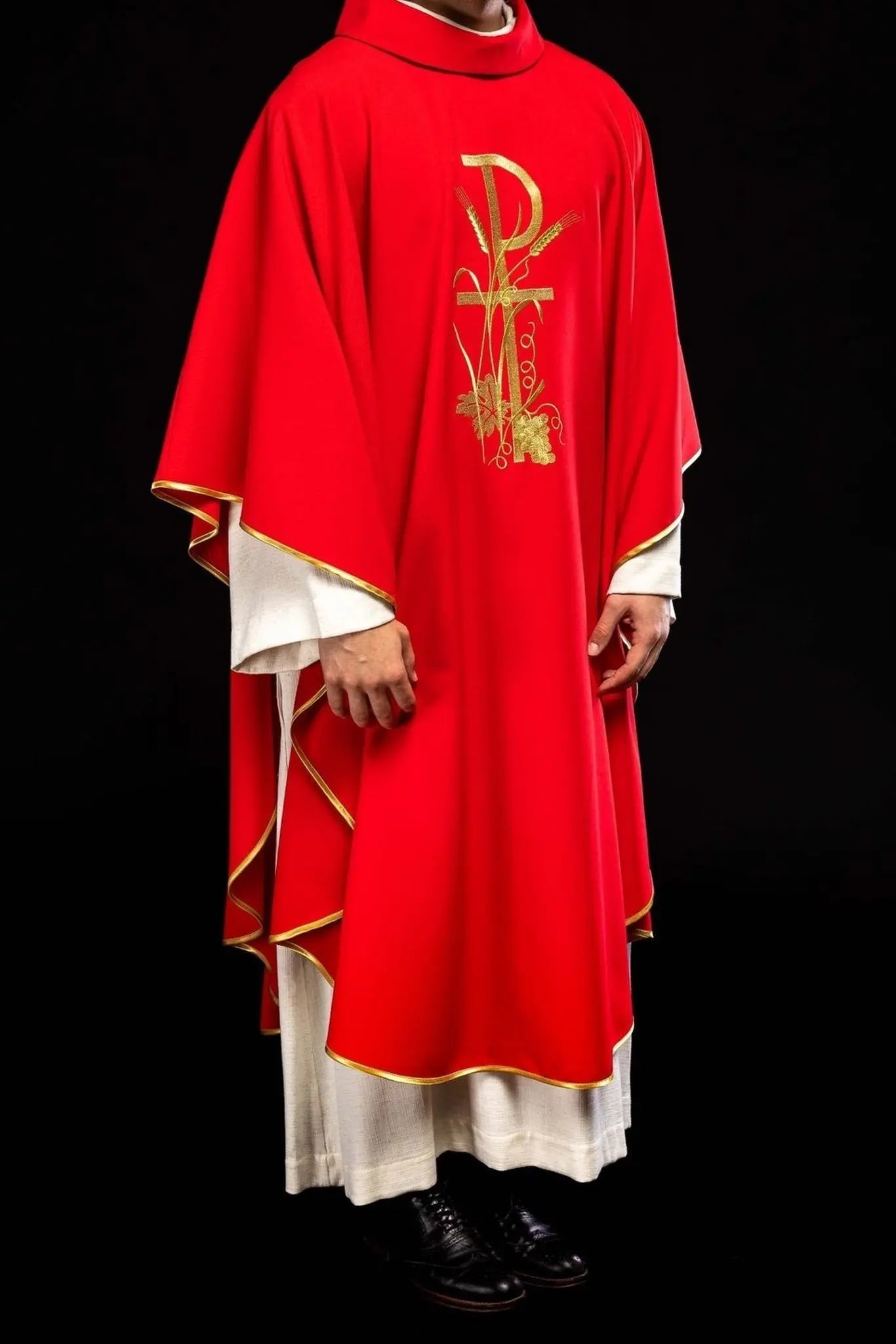 Red chasuble with gold cross embroidery