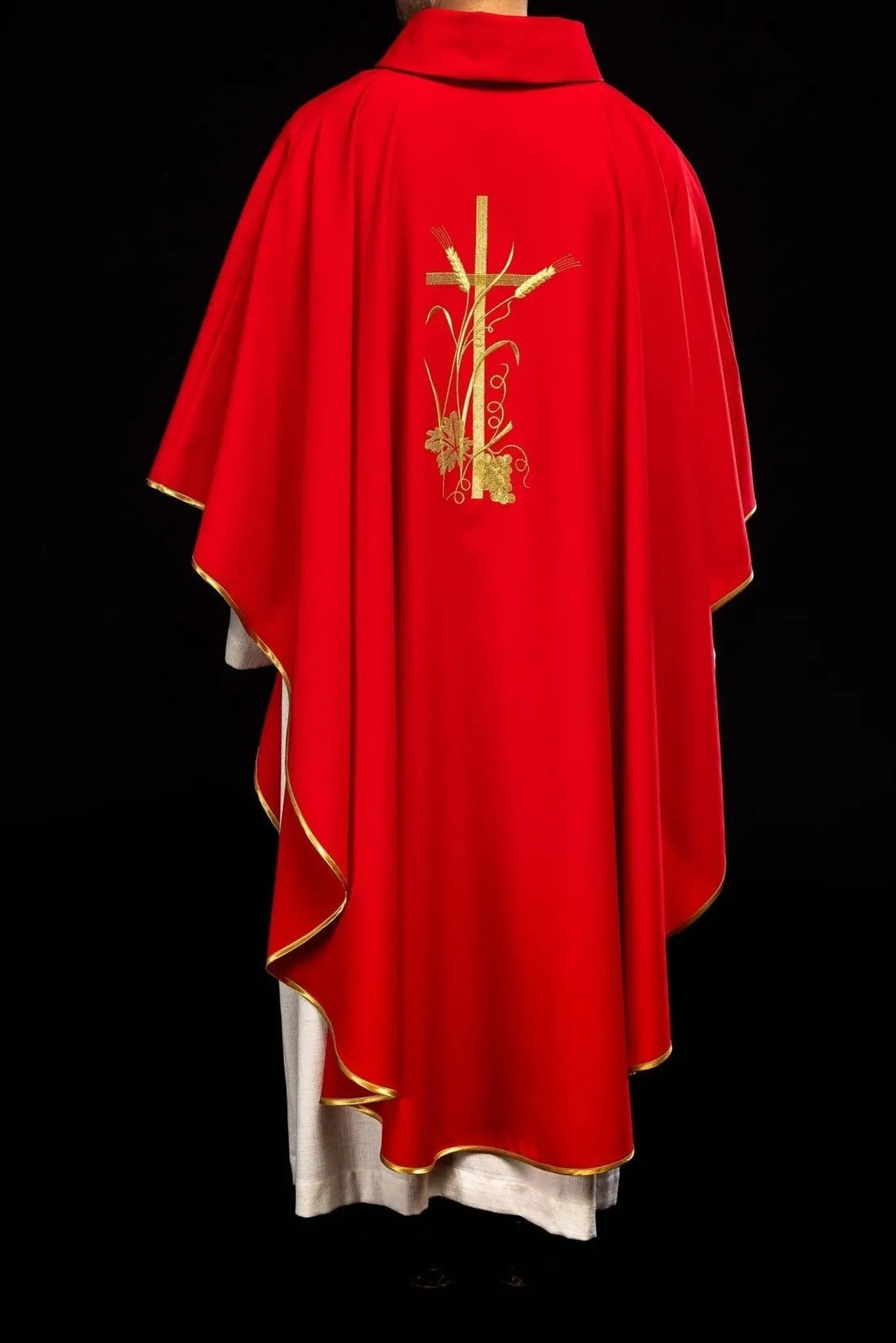Red chasuble with gold cross embroidery