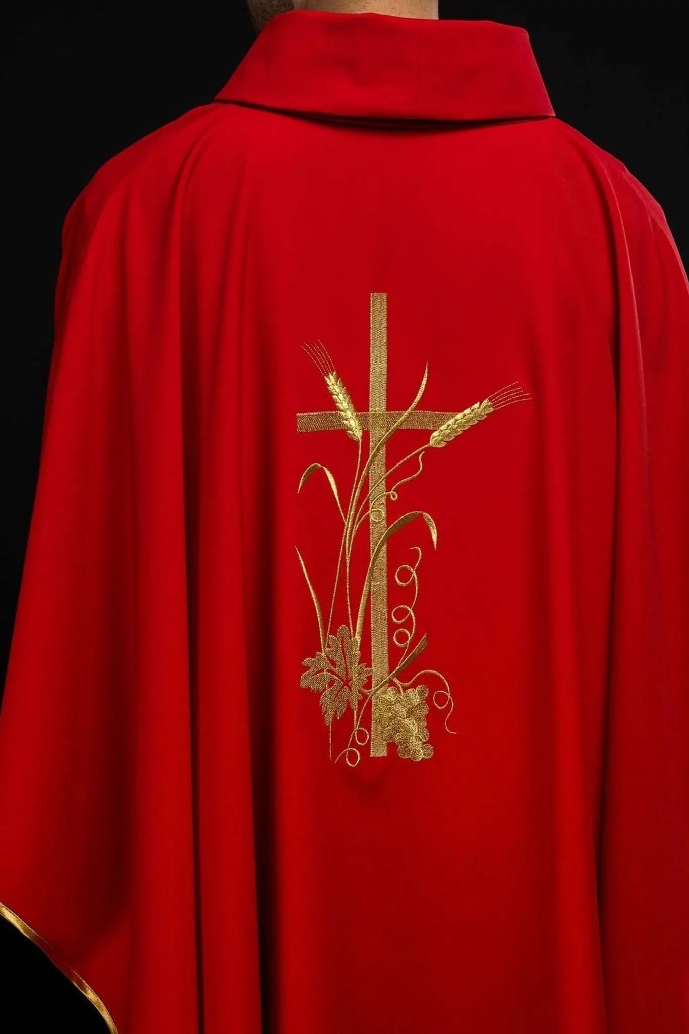 Red chasuble with gold cross embroidery
