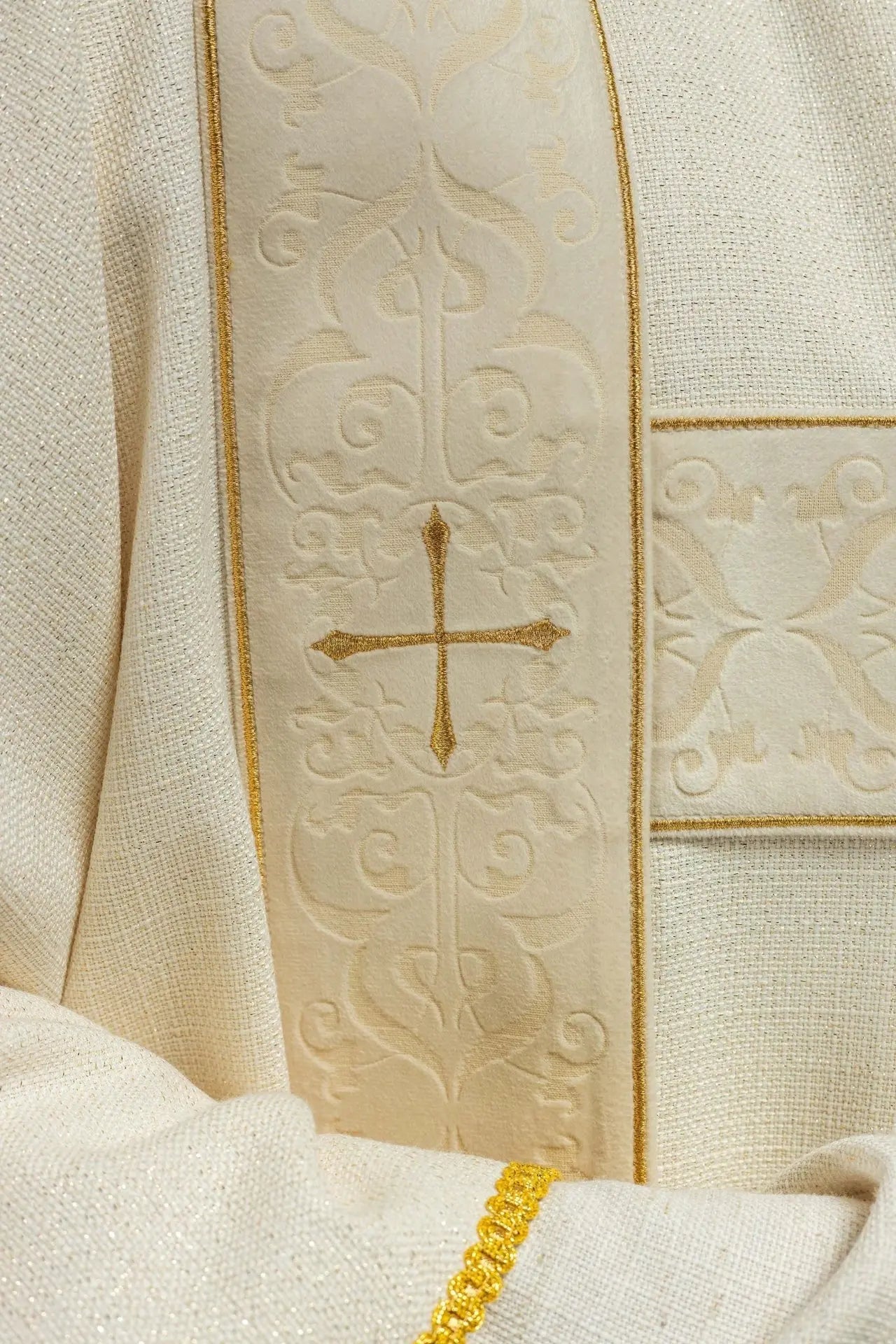 Ecru Dalmatic with Velvet Bands and Gold Embroidered Crosses