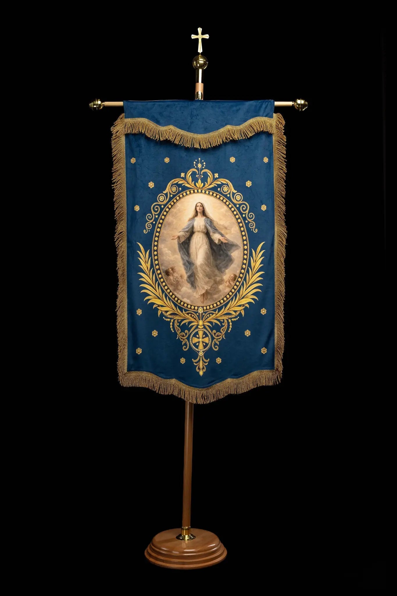 Double-sided Processional Banner with Our Lady of the Assumption and Marian Monogram - HAFTINA ATELIER