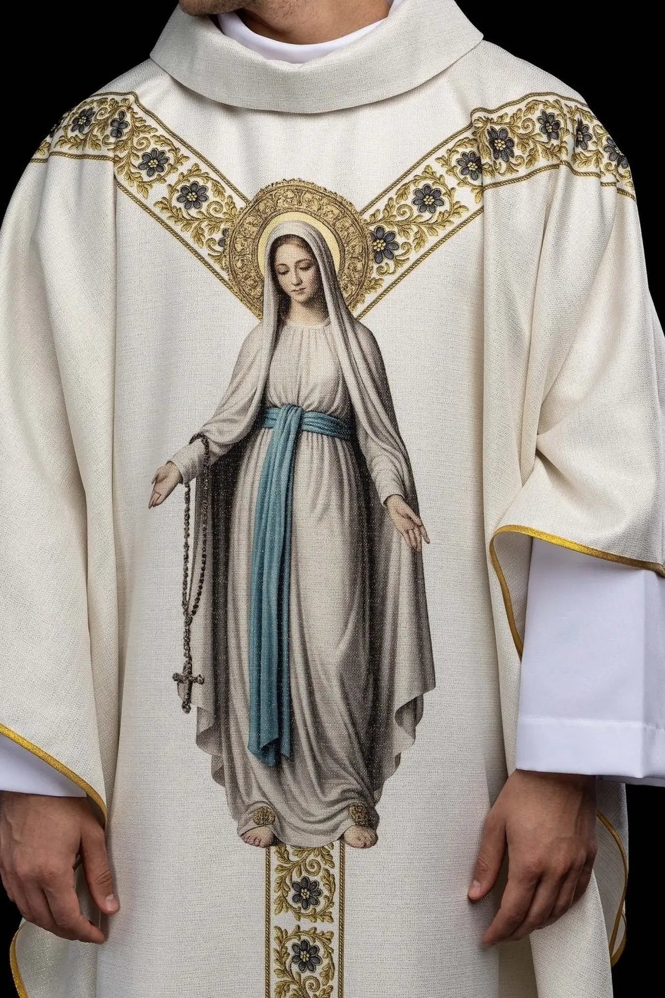 Ecru Chasuble with Printed Image of Our Lady of Lourdes - HAFTINA ATELIER