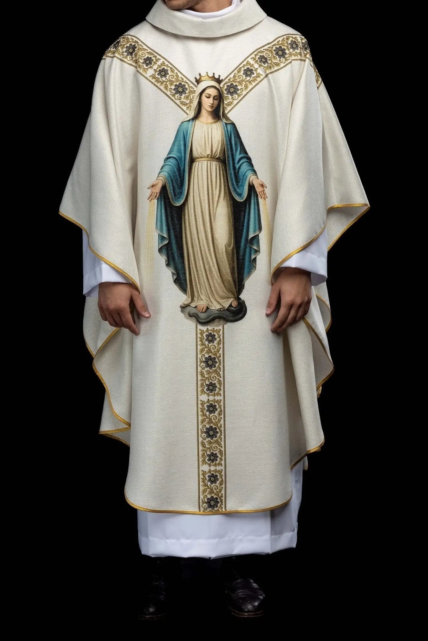 Ecru Chasuble with Printed Image of the Immaculate Conception - HAFTINA ATELIER