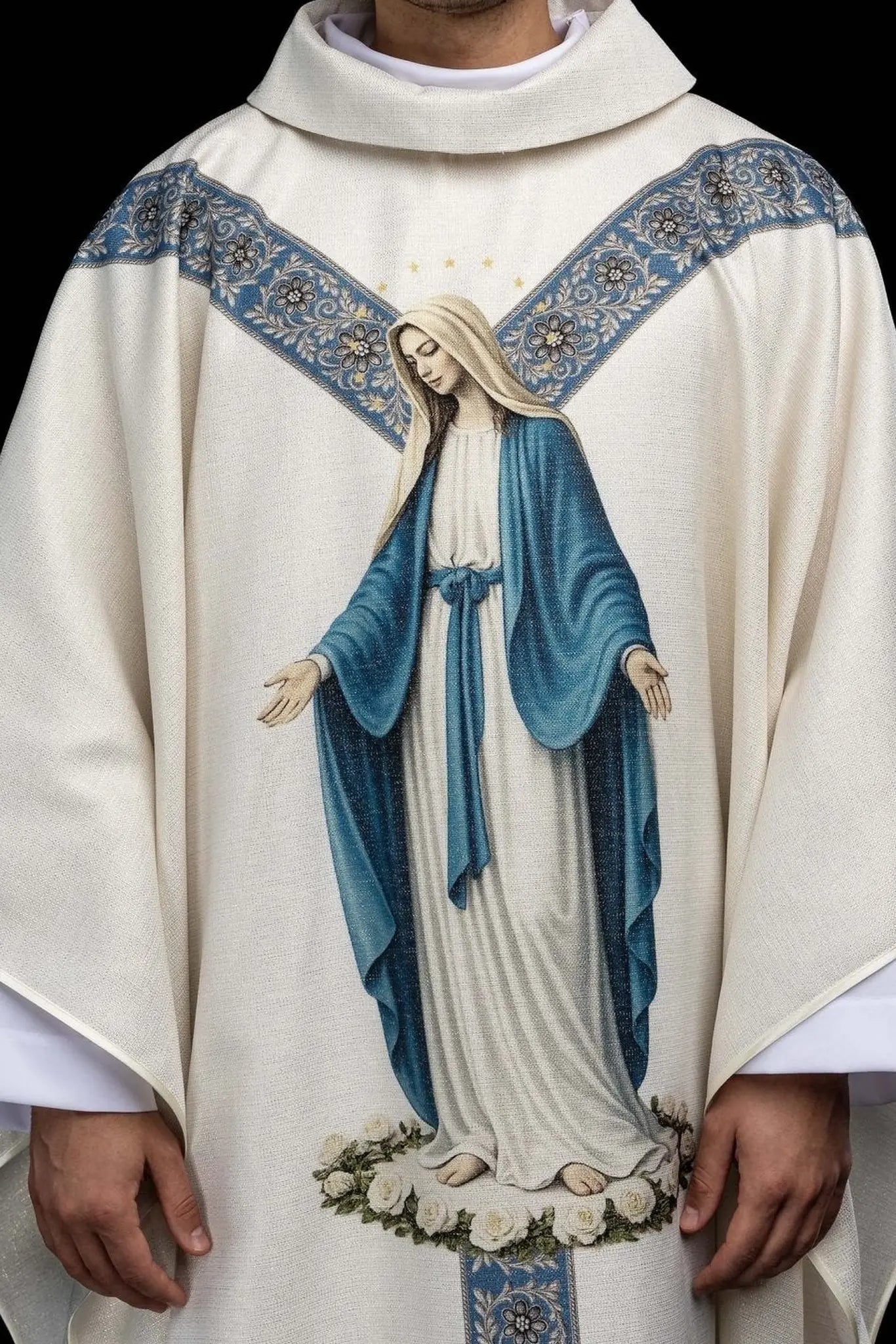 Ecru Chasuble with Printed Image of the Immaculate Conception - HAFTINA ATELIER