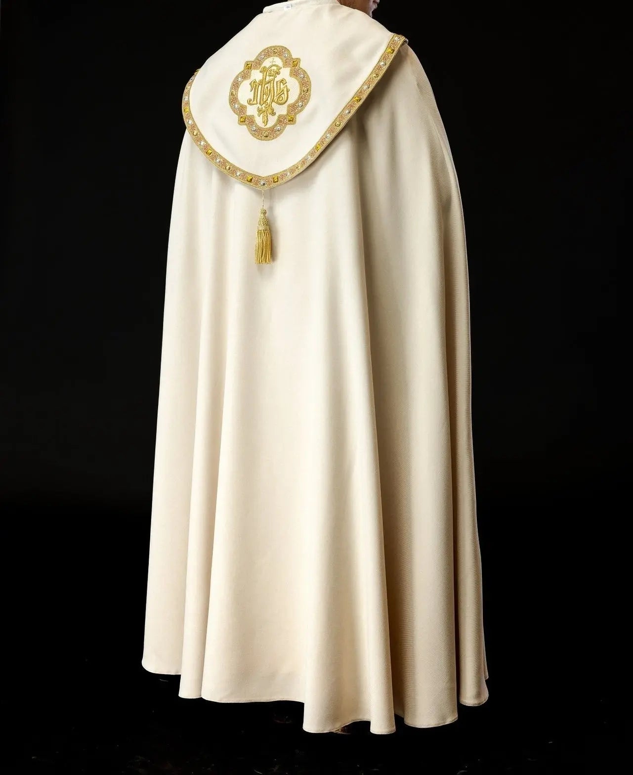 Ecru liturgical cape with gold IHS