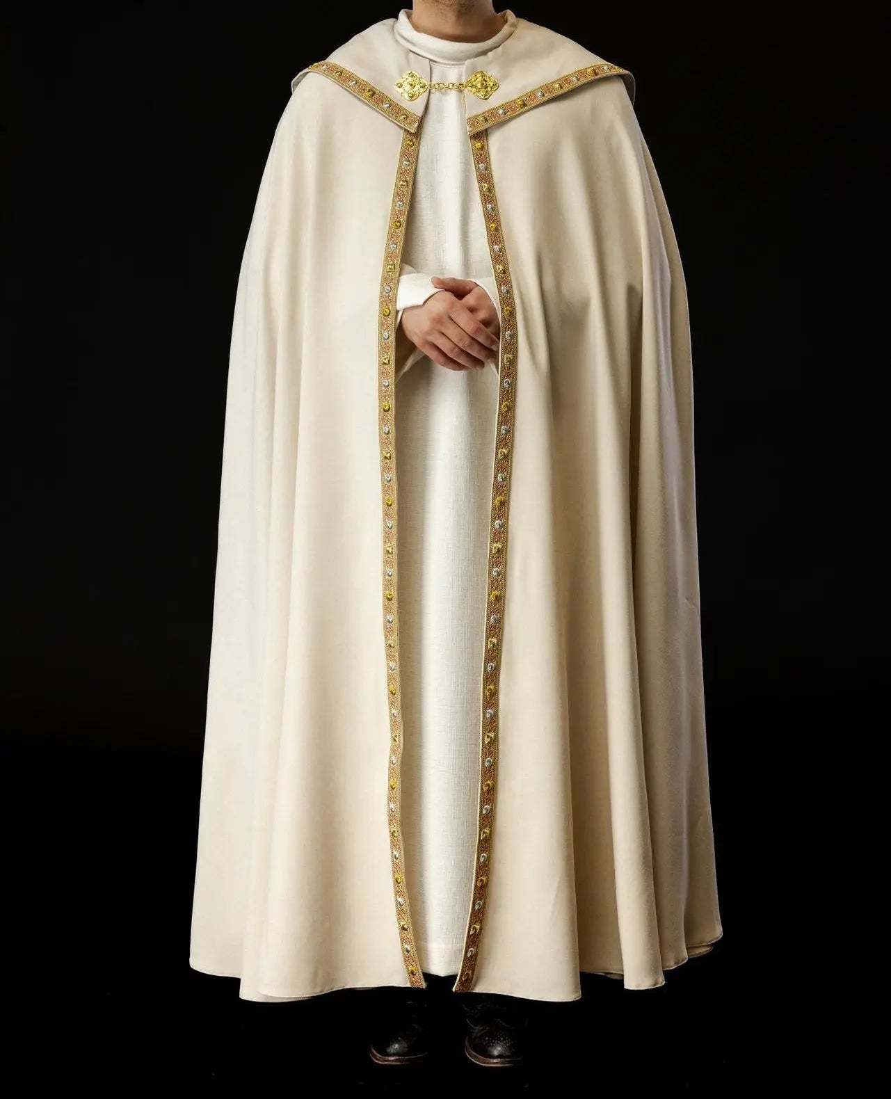 Ecru liturgical cape with gold IHS