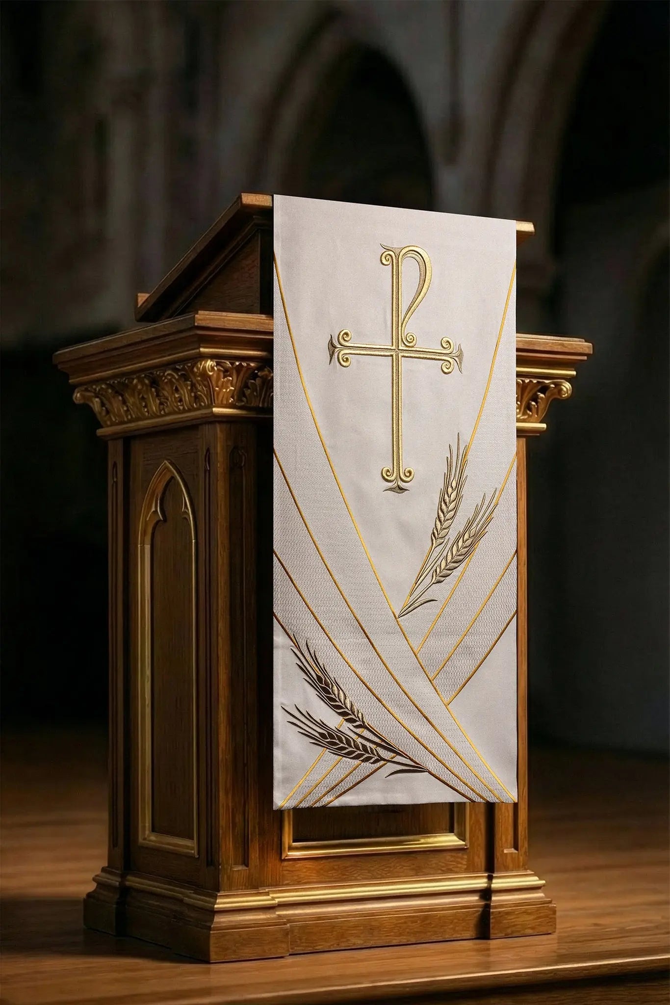 Ecru Lectern Cover with PAX and Wheat Embroidery - HAFTINA ATELIER