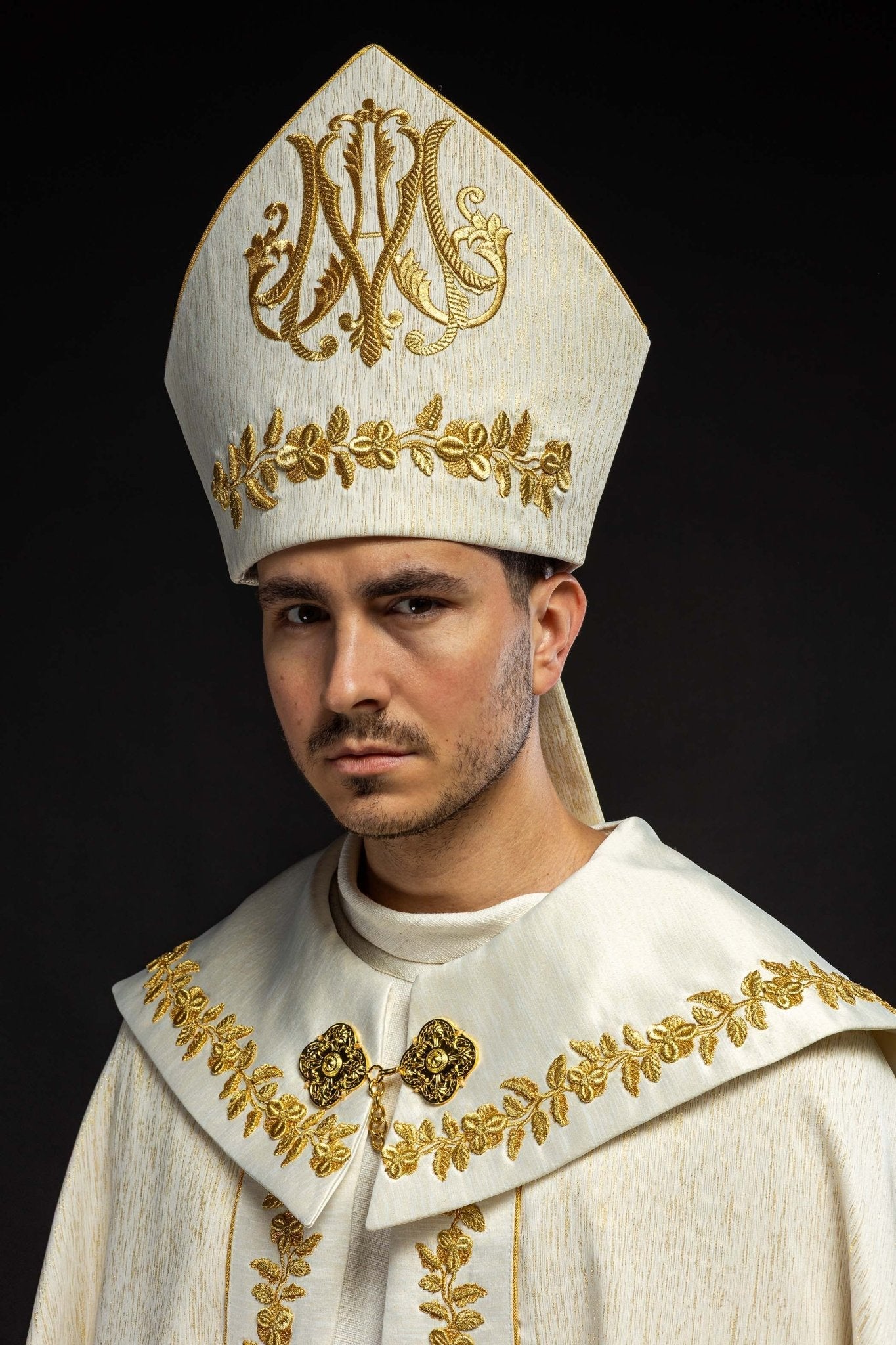 Ecru Marian Mitre with Rich Gold Embroidery - HAFTINA ATELIER