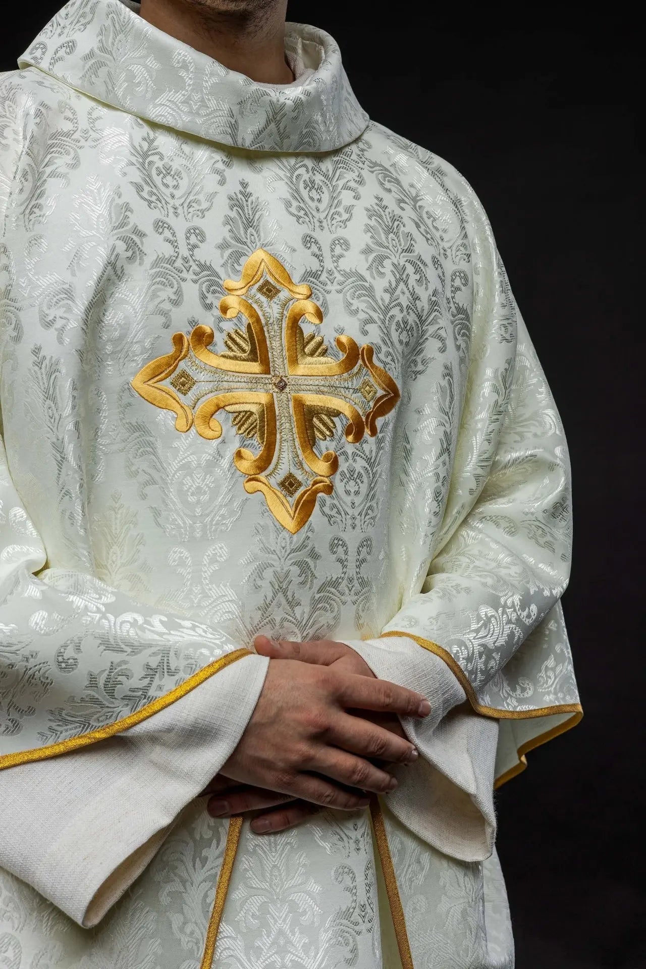 Ecru Chasuble with Cross, Made from Patterned Fabric